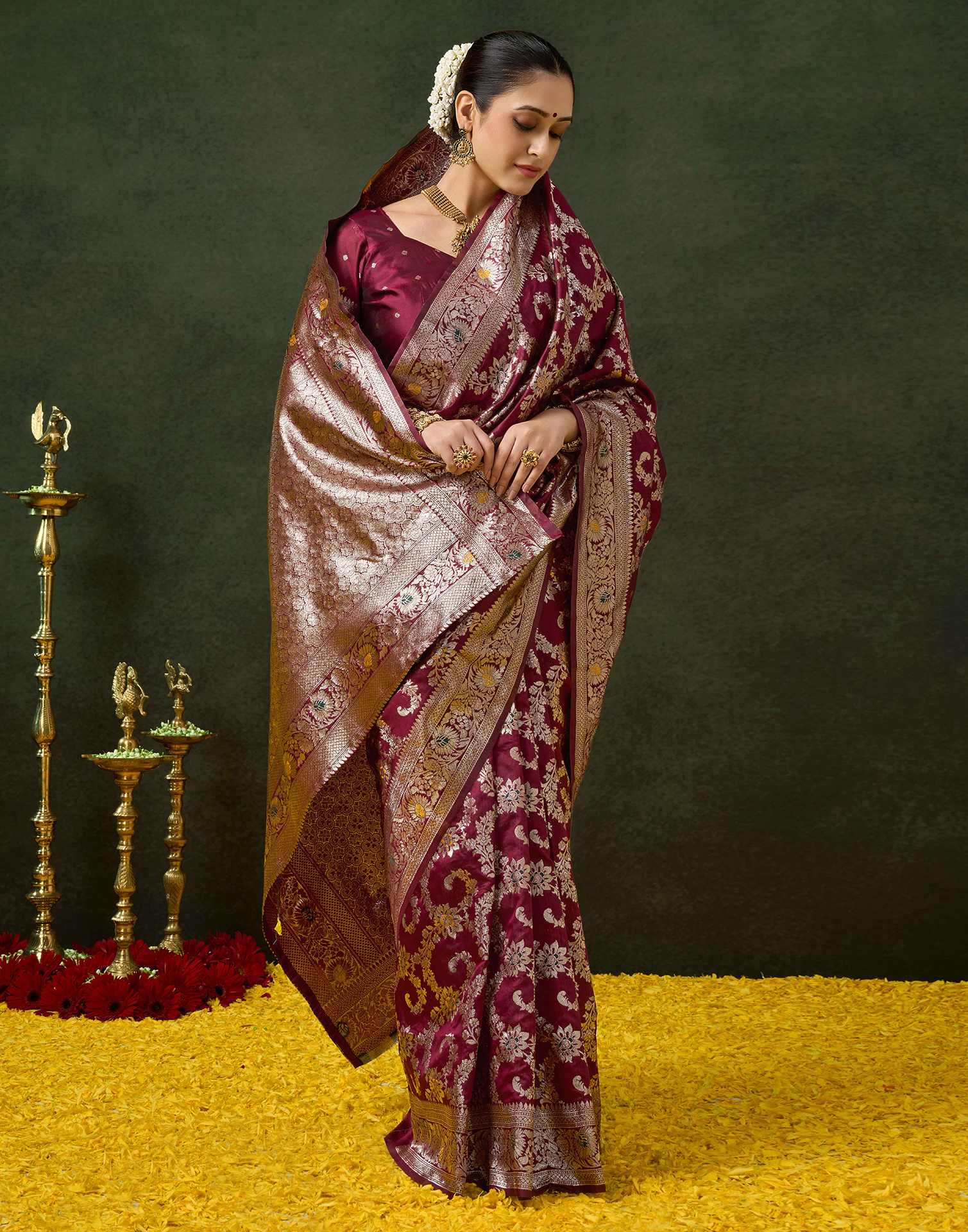 Maroon Silk Woven Banarasi Saree