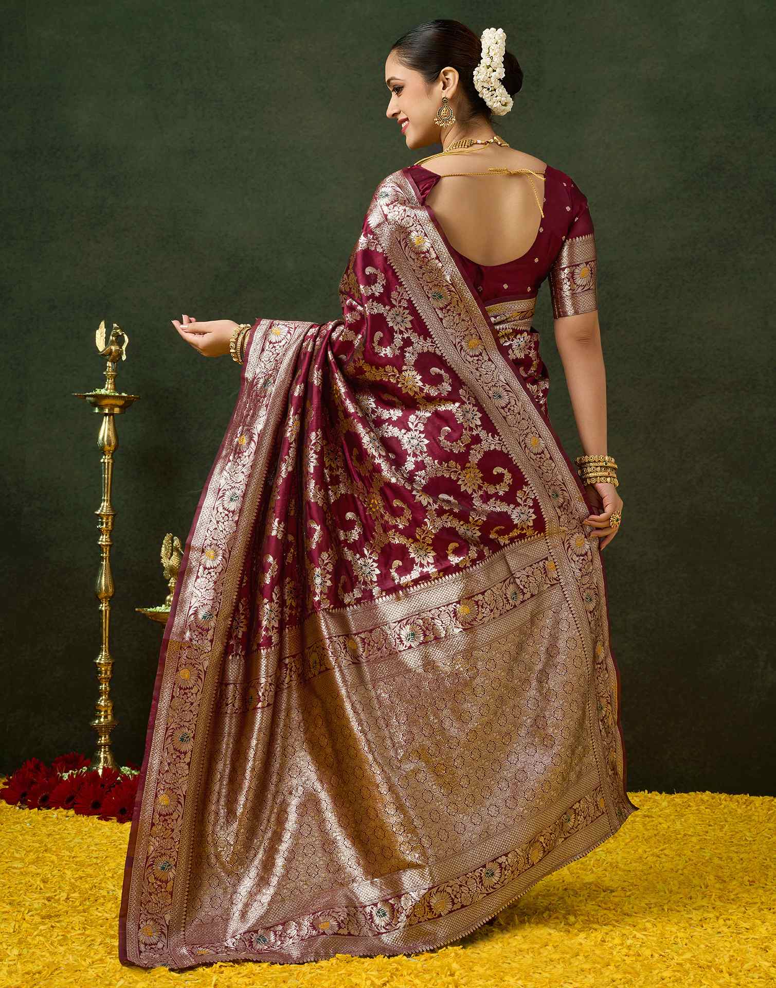 Maroon Silk Woven Banarasi Saree