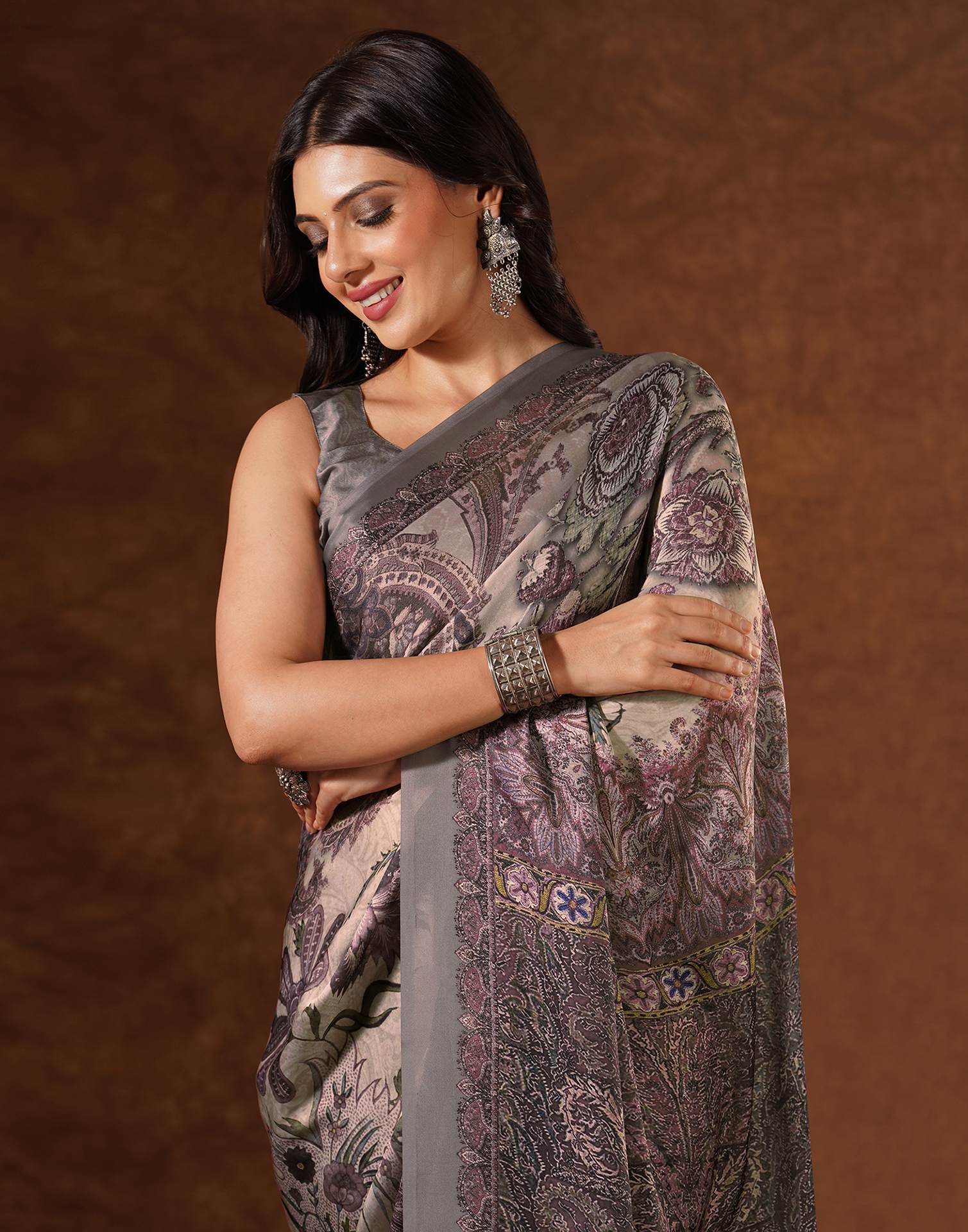 Multicoloured Satin Printed Saree