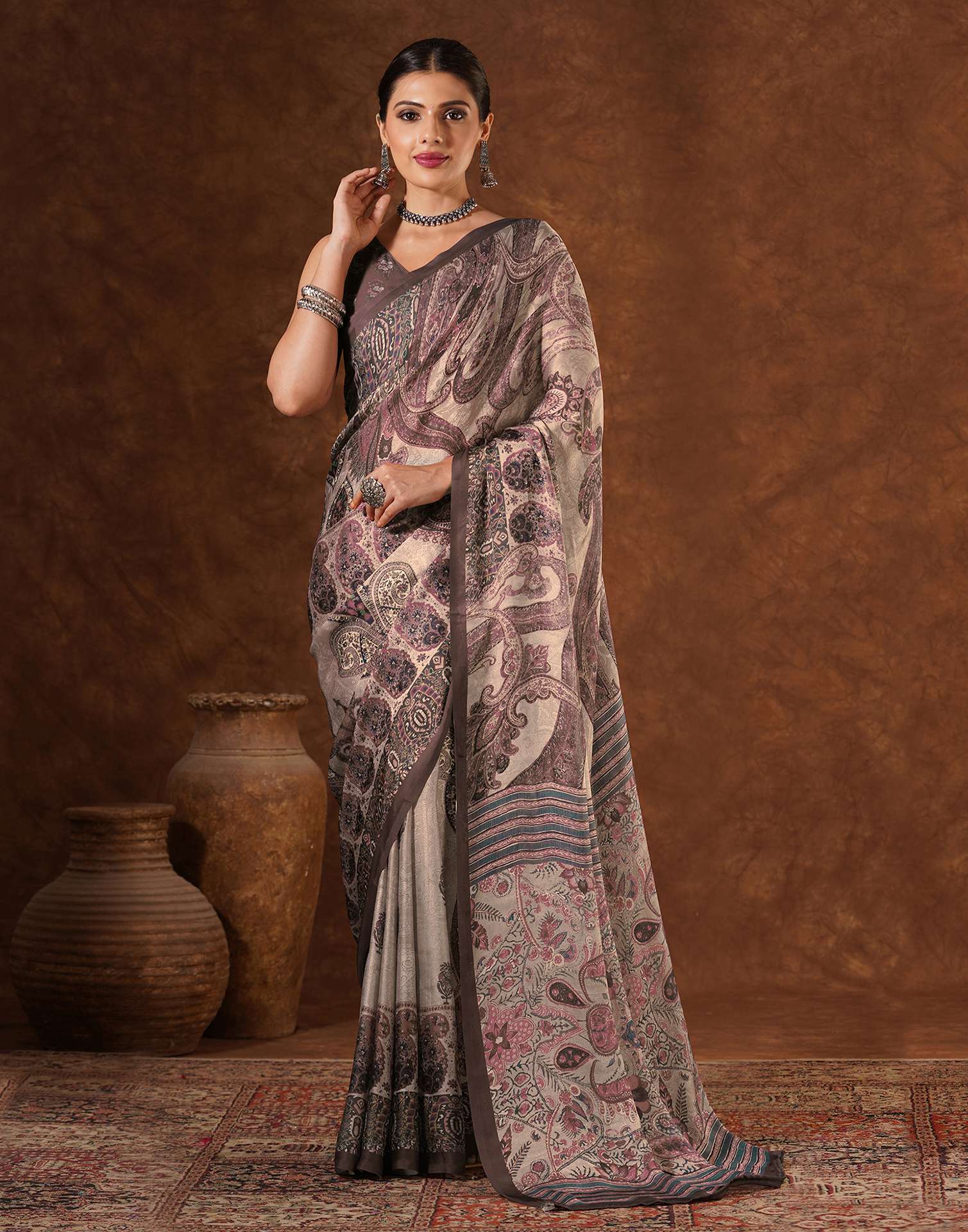 Brown Satin Printed Saree