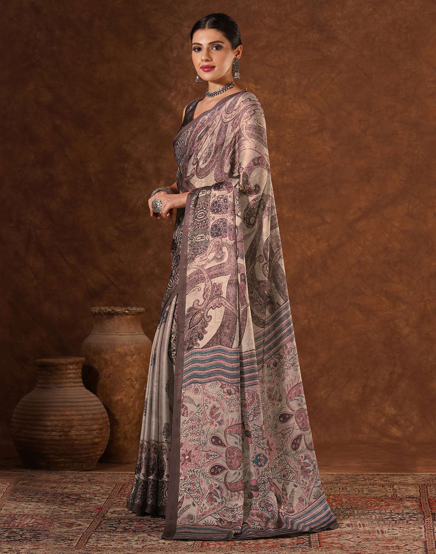 Brown Satin Printed Saree