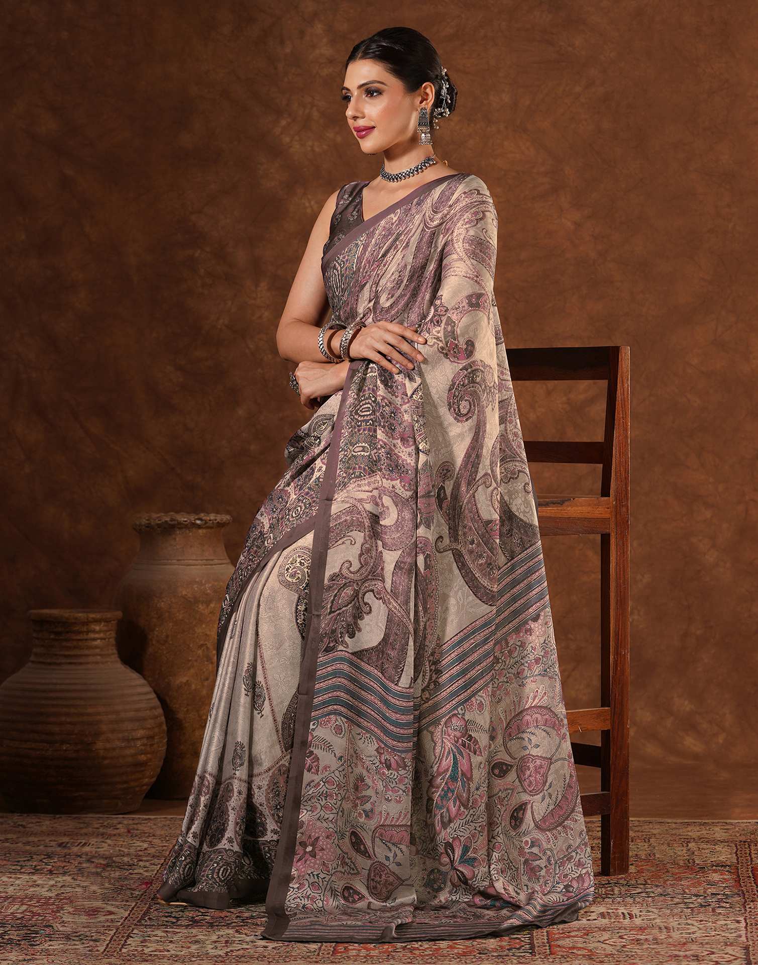 Brown Satin Printed Saree