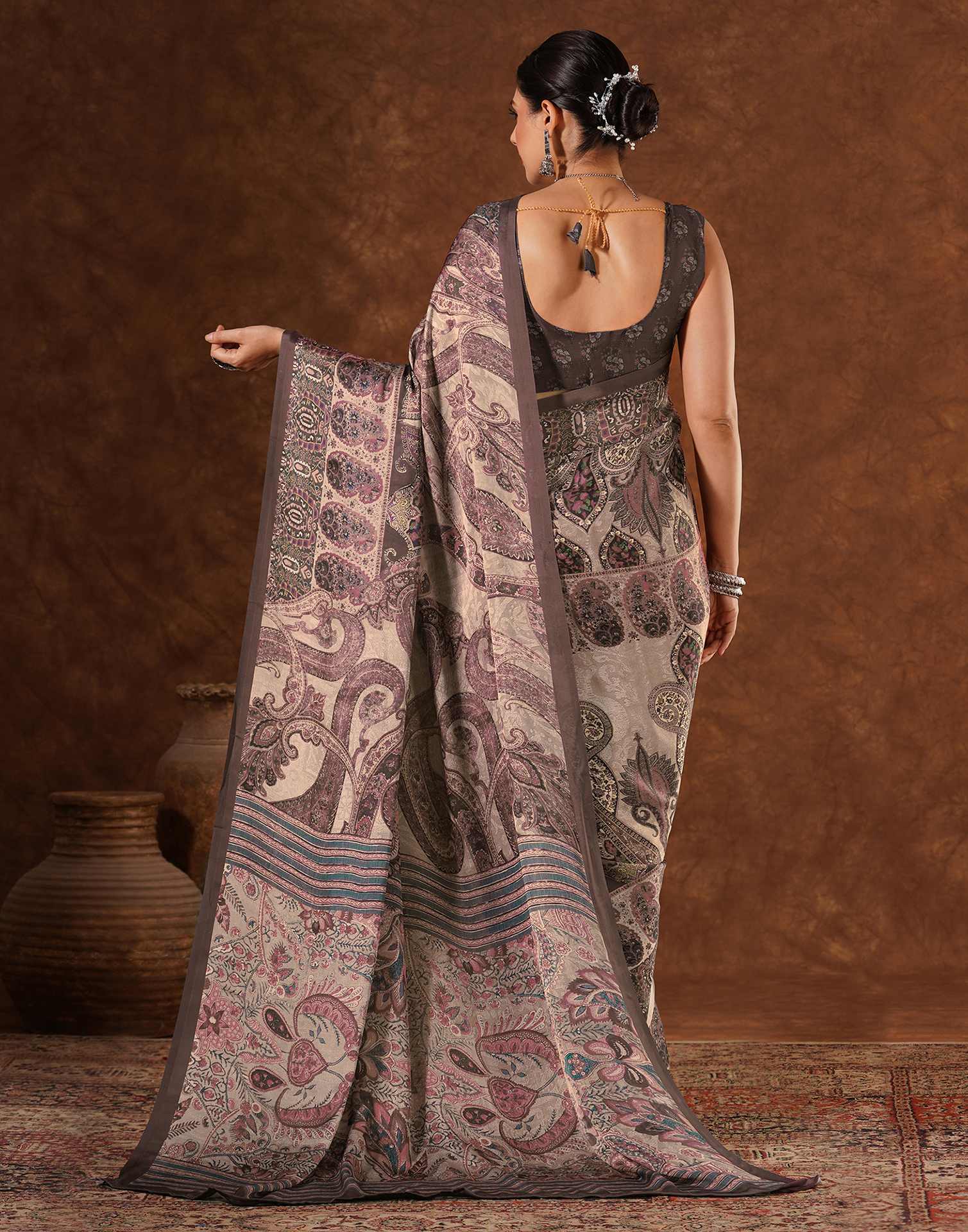 Brown Satin Printed Saree