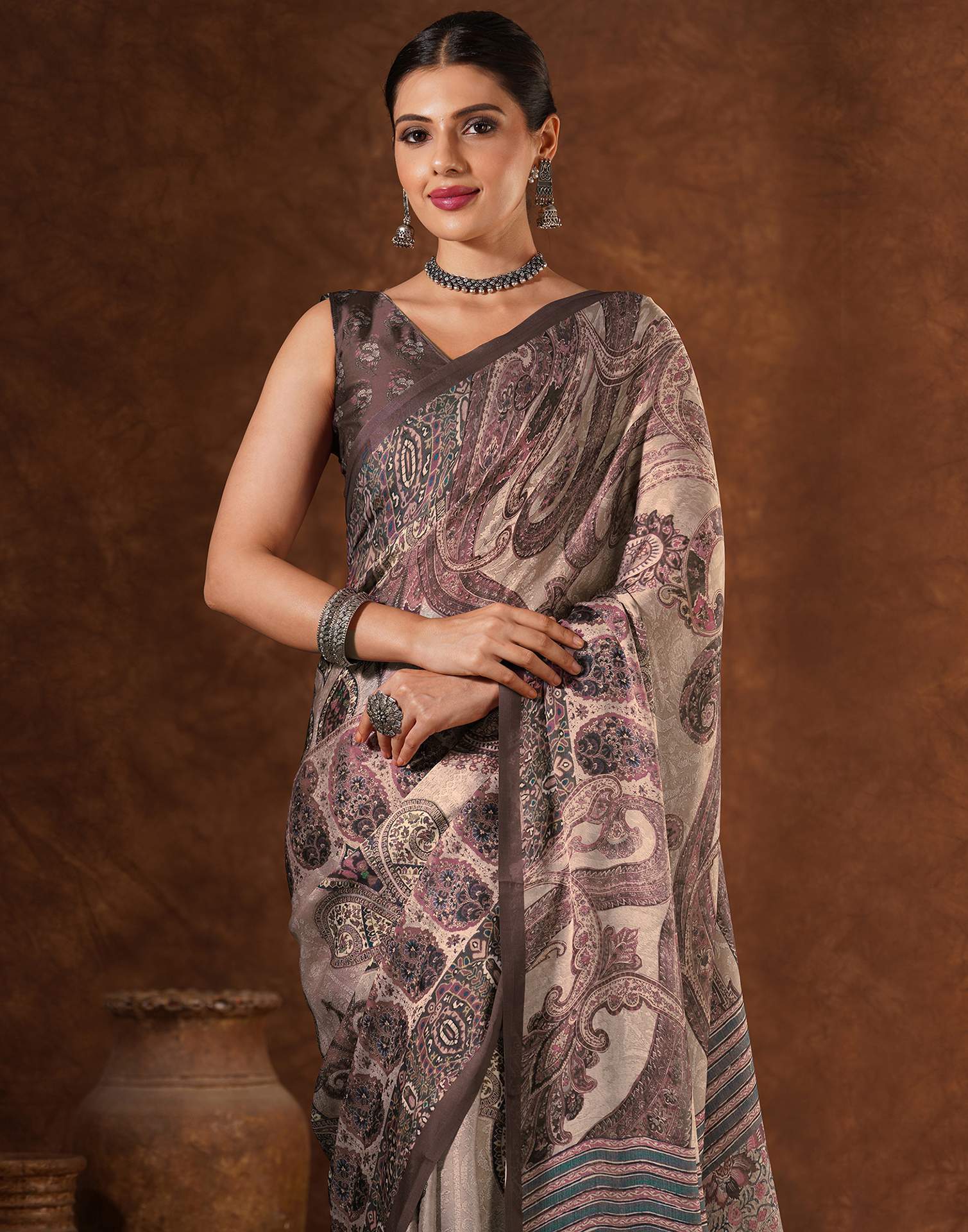 Brown Satin Printed Saree