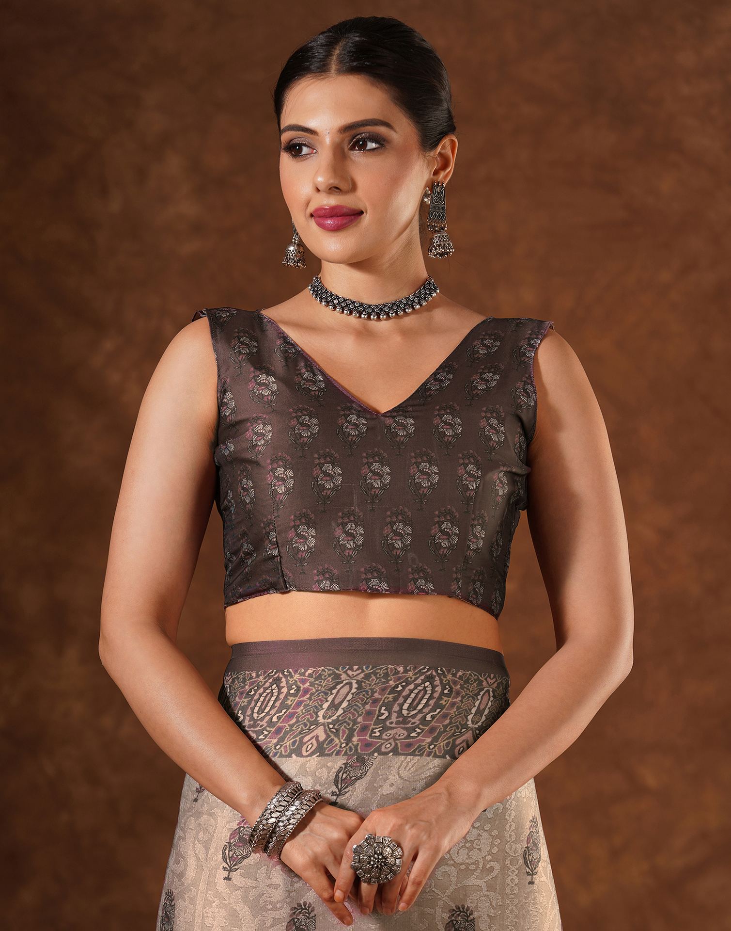 Brown Satin Printed Saree