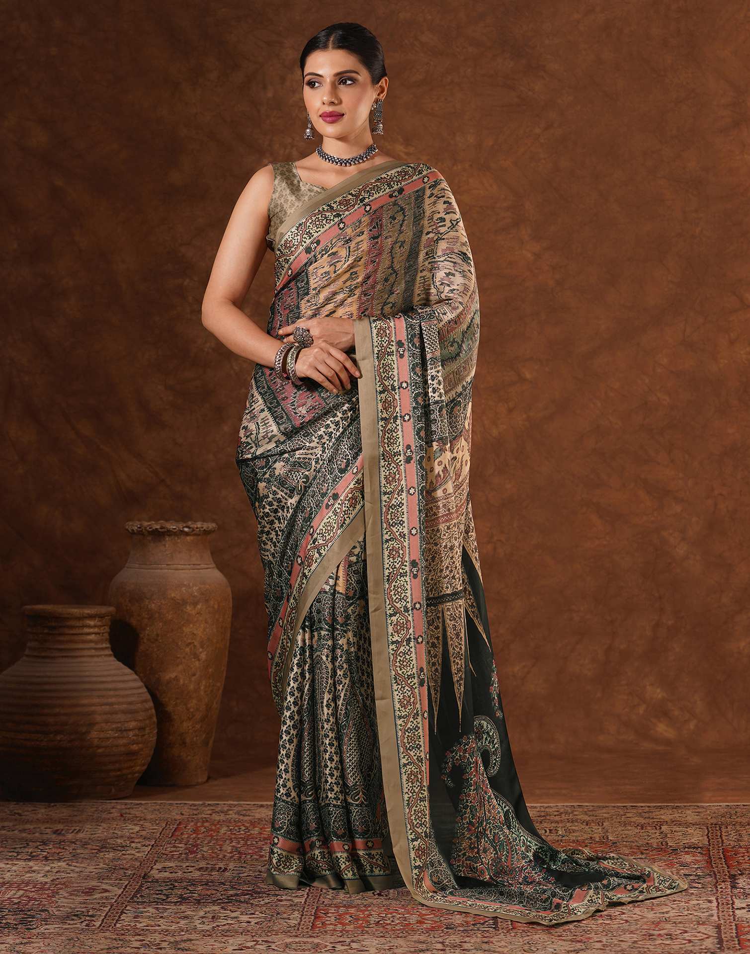 Beige Satin Printed Saree