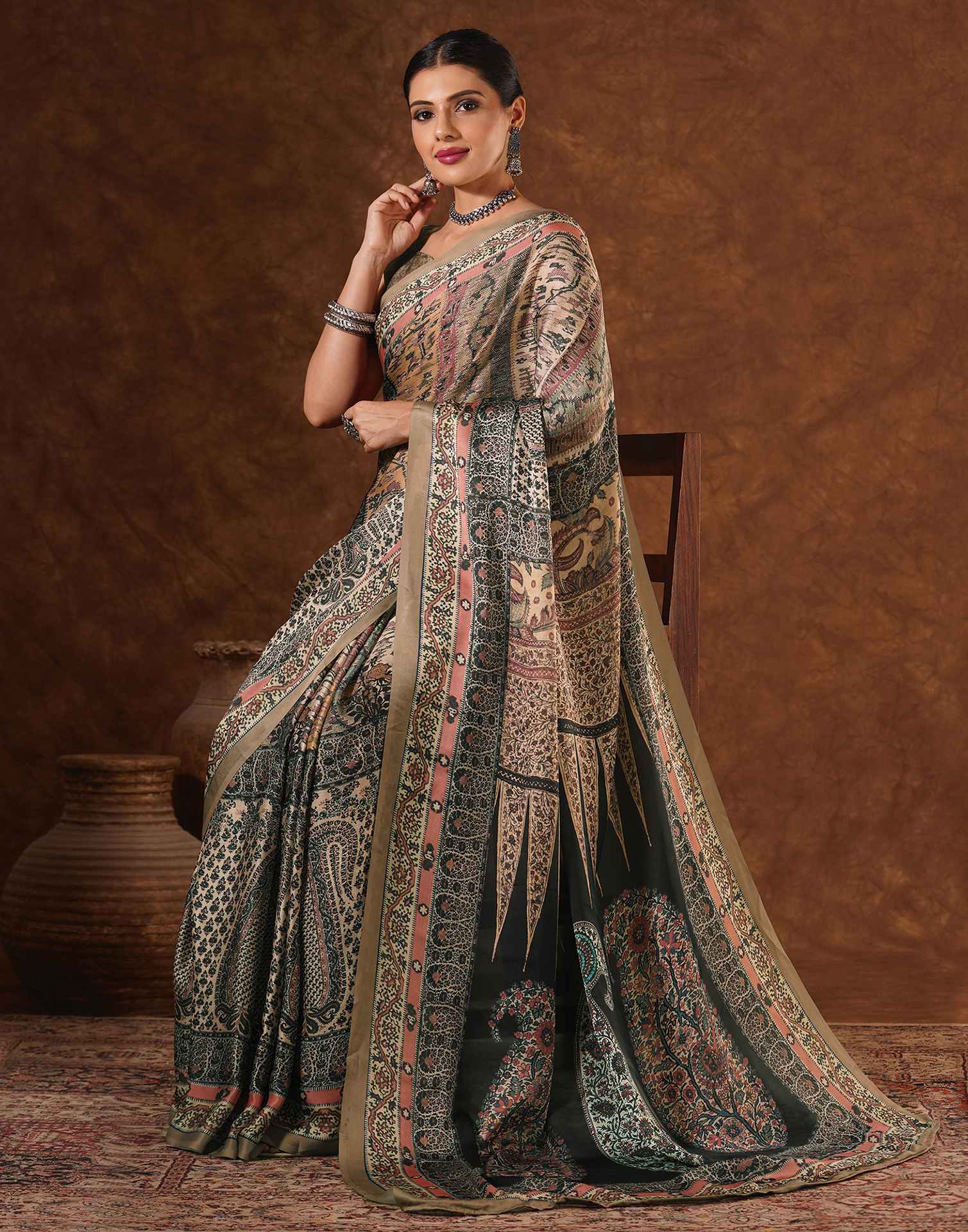 Beige Satin Printed Saree