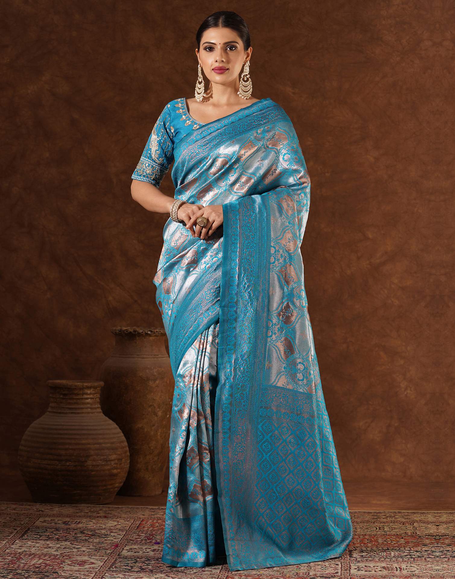 Turquoise Silk Woven Saree