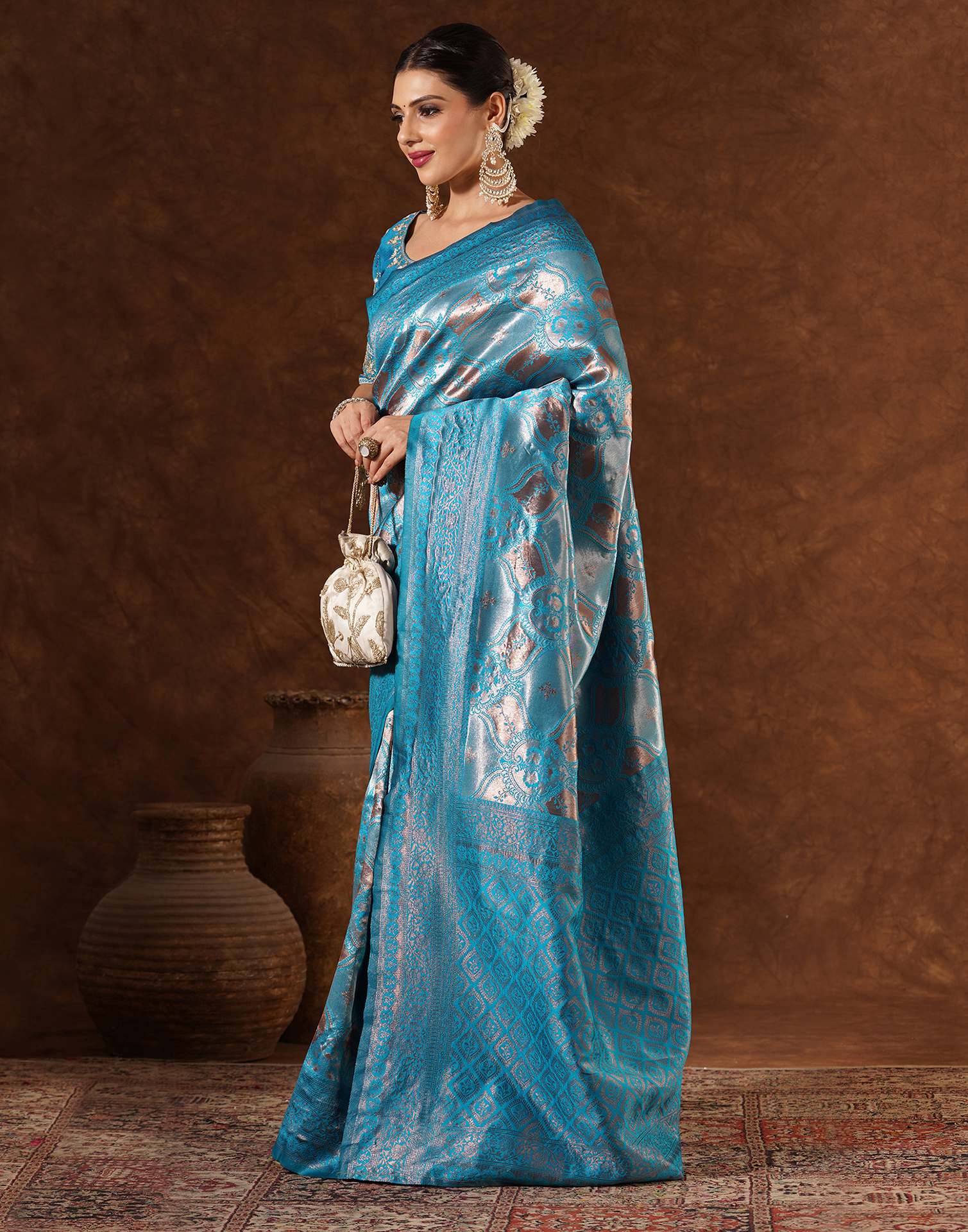 Turquoise Silk Woven Saree