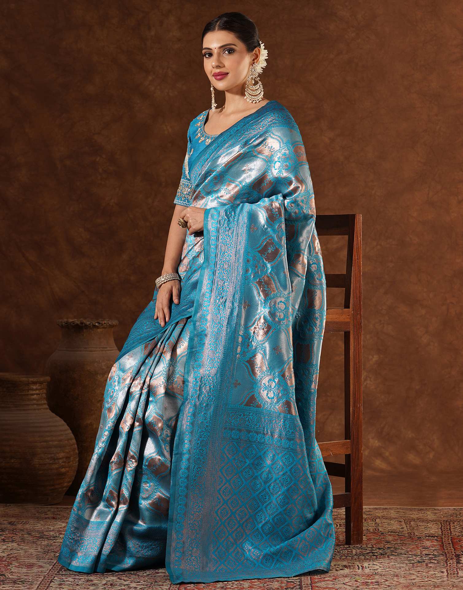 Turquoise Silk Woven Saree