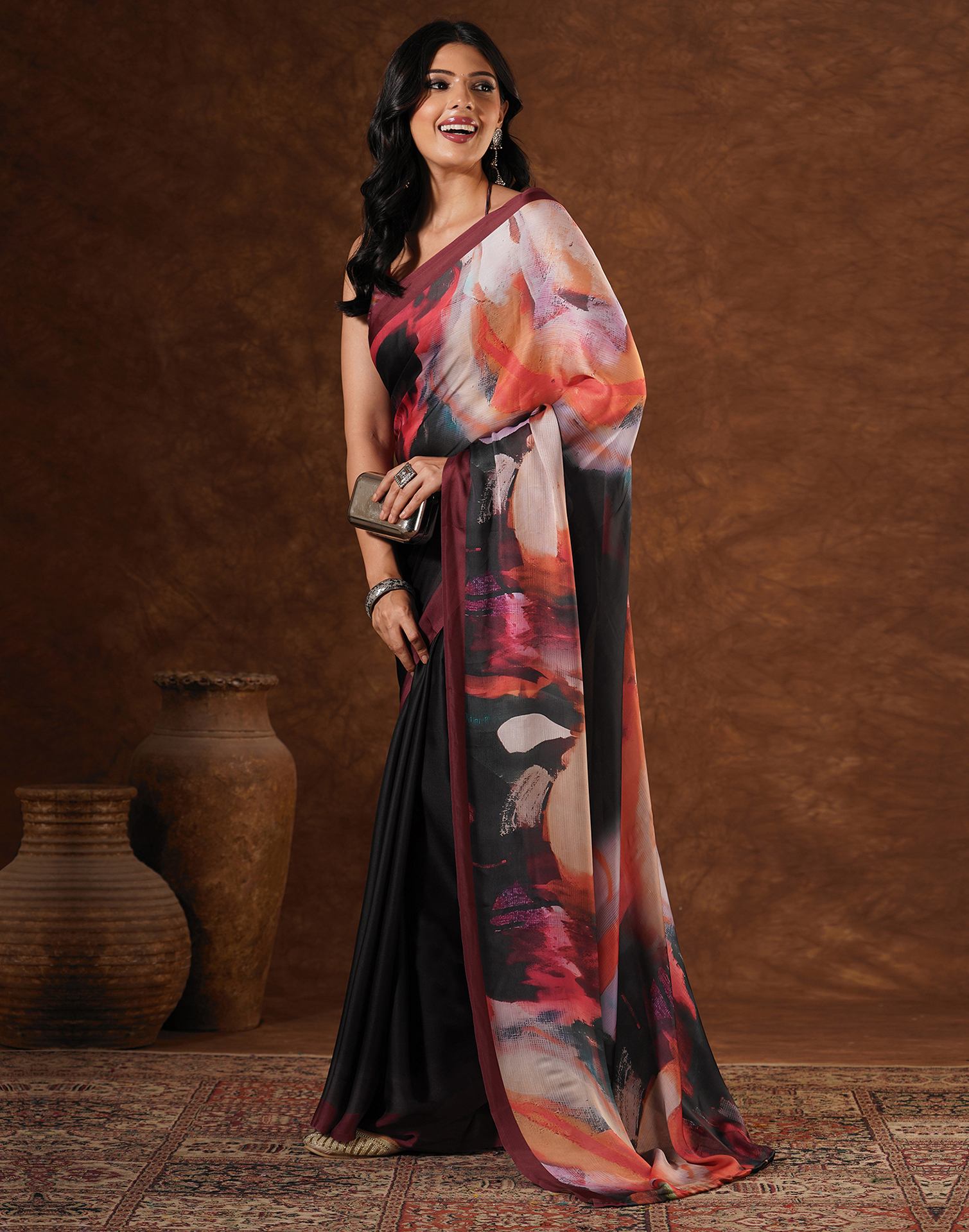 Black Satin Printed Saree