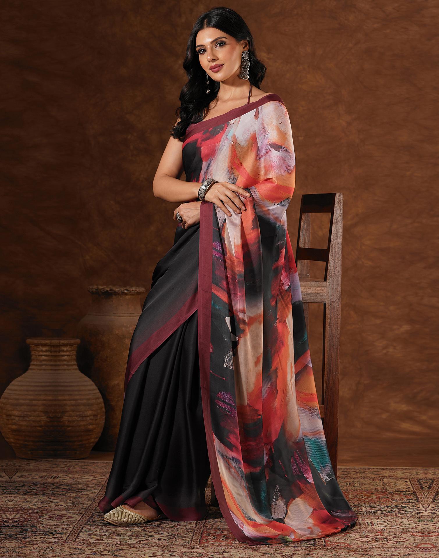 Black Satin Printed Saree