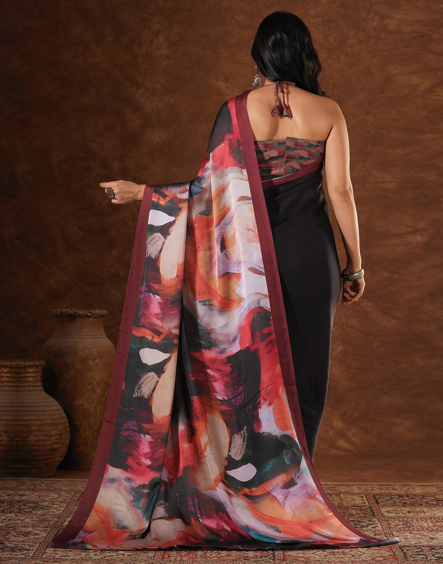 Black Satin Printed Saree