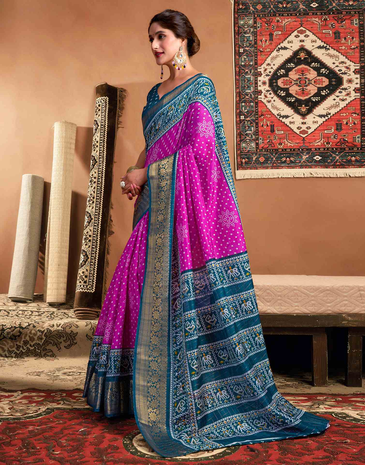 Rani Pink Silk Printed Bandhani Saree