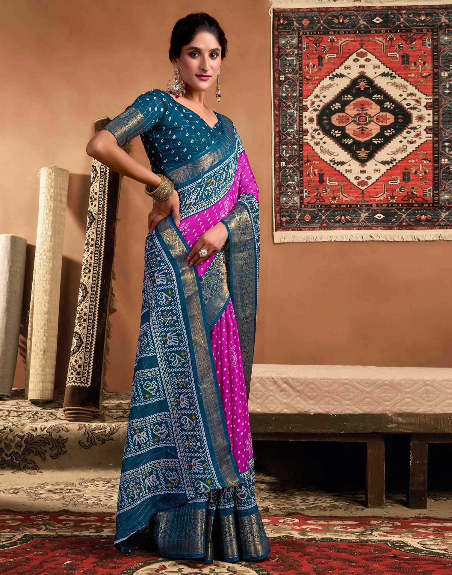 Rani Pink Silk Printed Bandhani Saree
