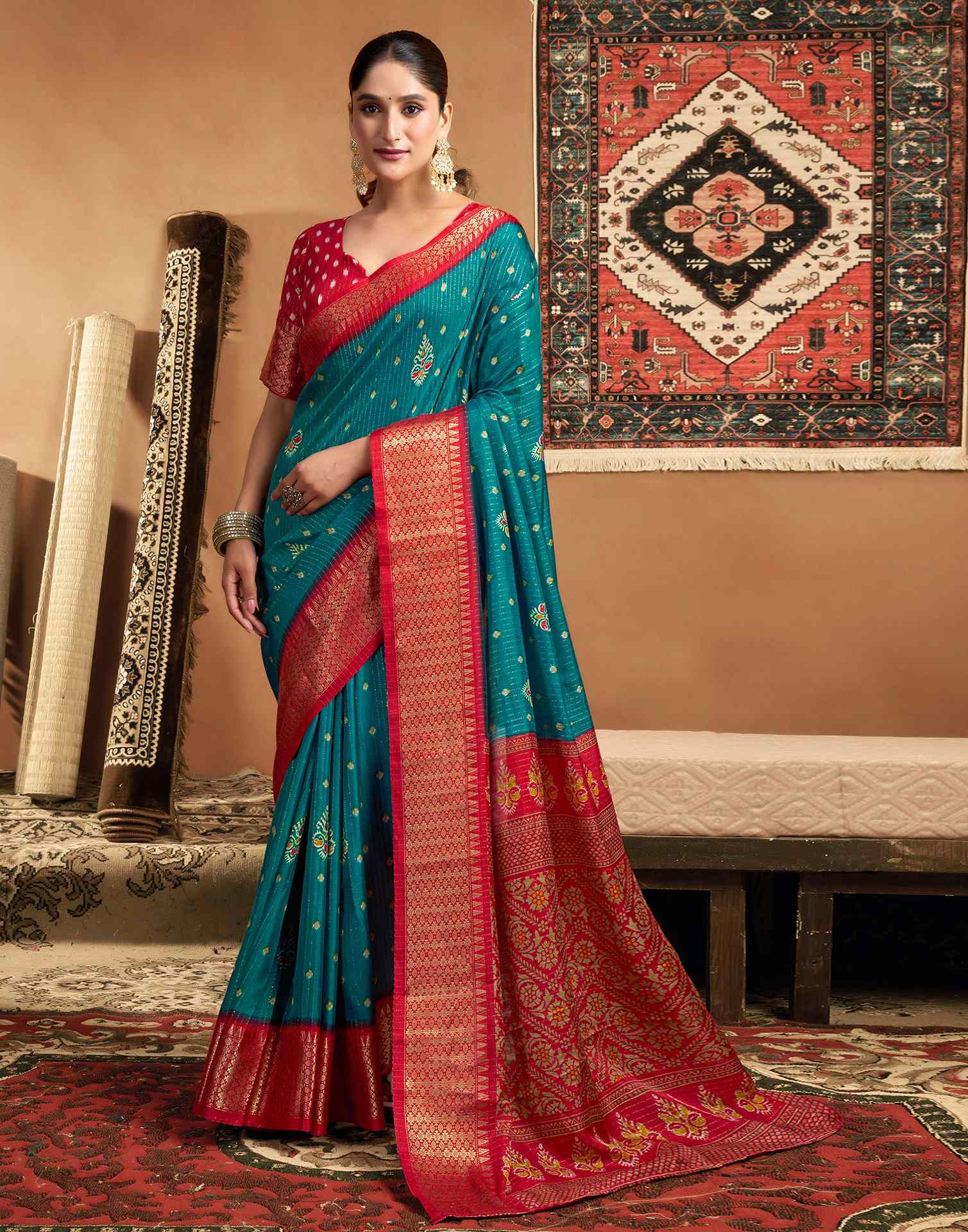 Rama Blue Silk Printed Zari Stripe Saree