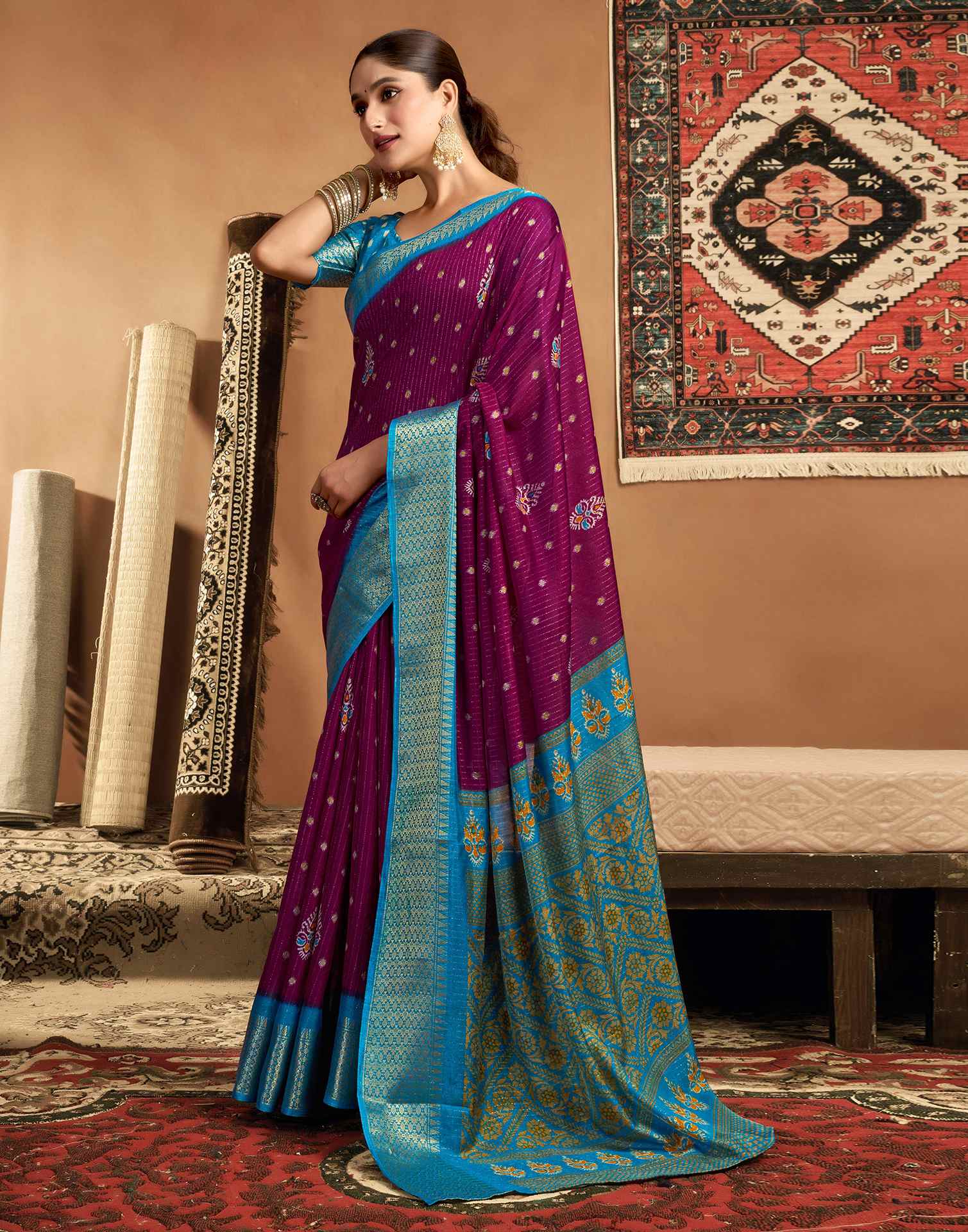 Dark Magenta Silk Printed Zari Stripe Saree