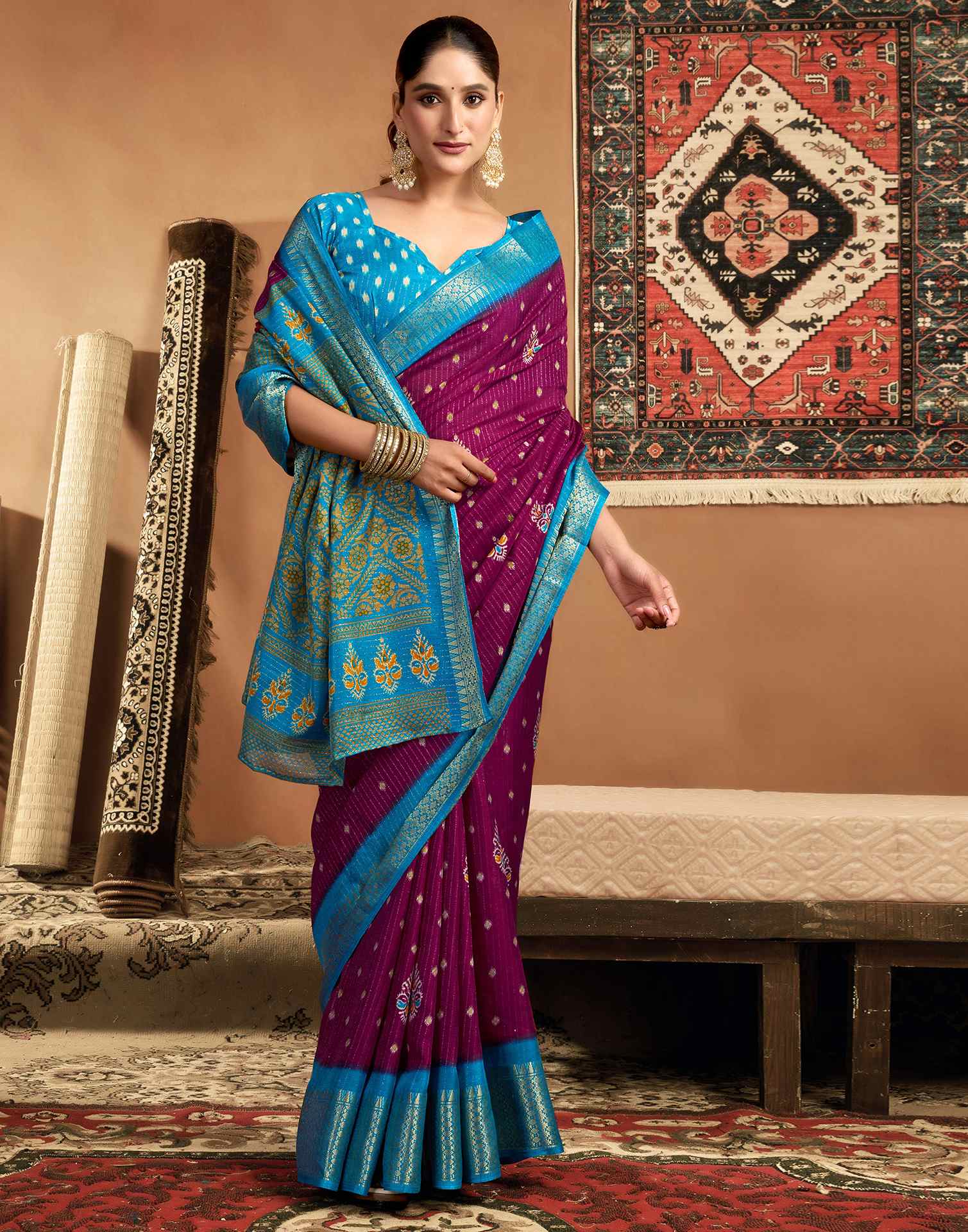 Dark Magenta Silk Printed Zari Stripe Saree