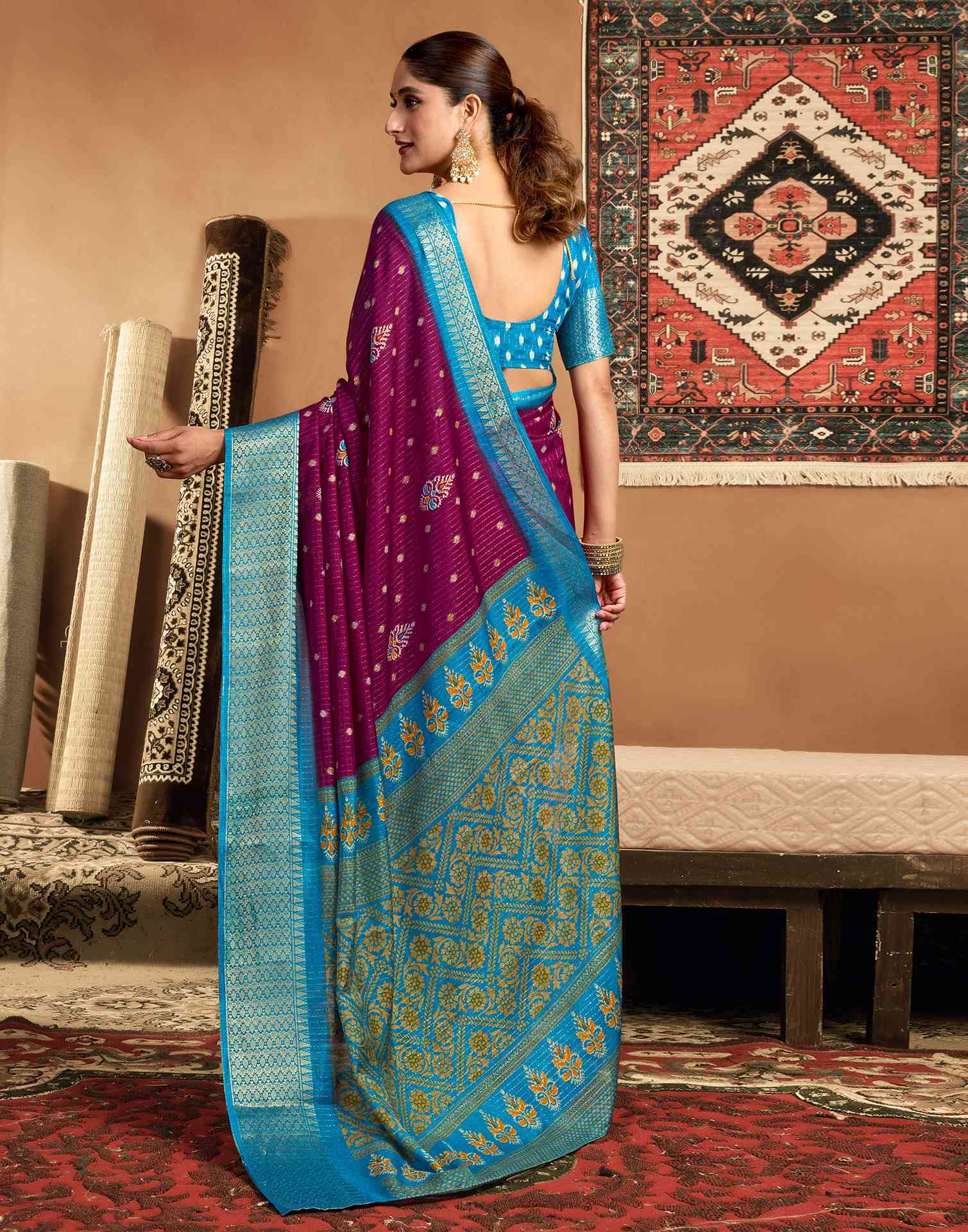 Dark Magenta Silk Printed Zari Stripe Saree