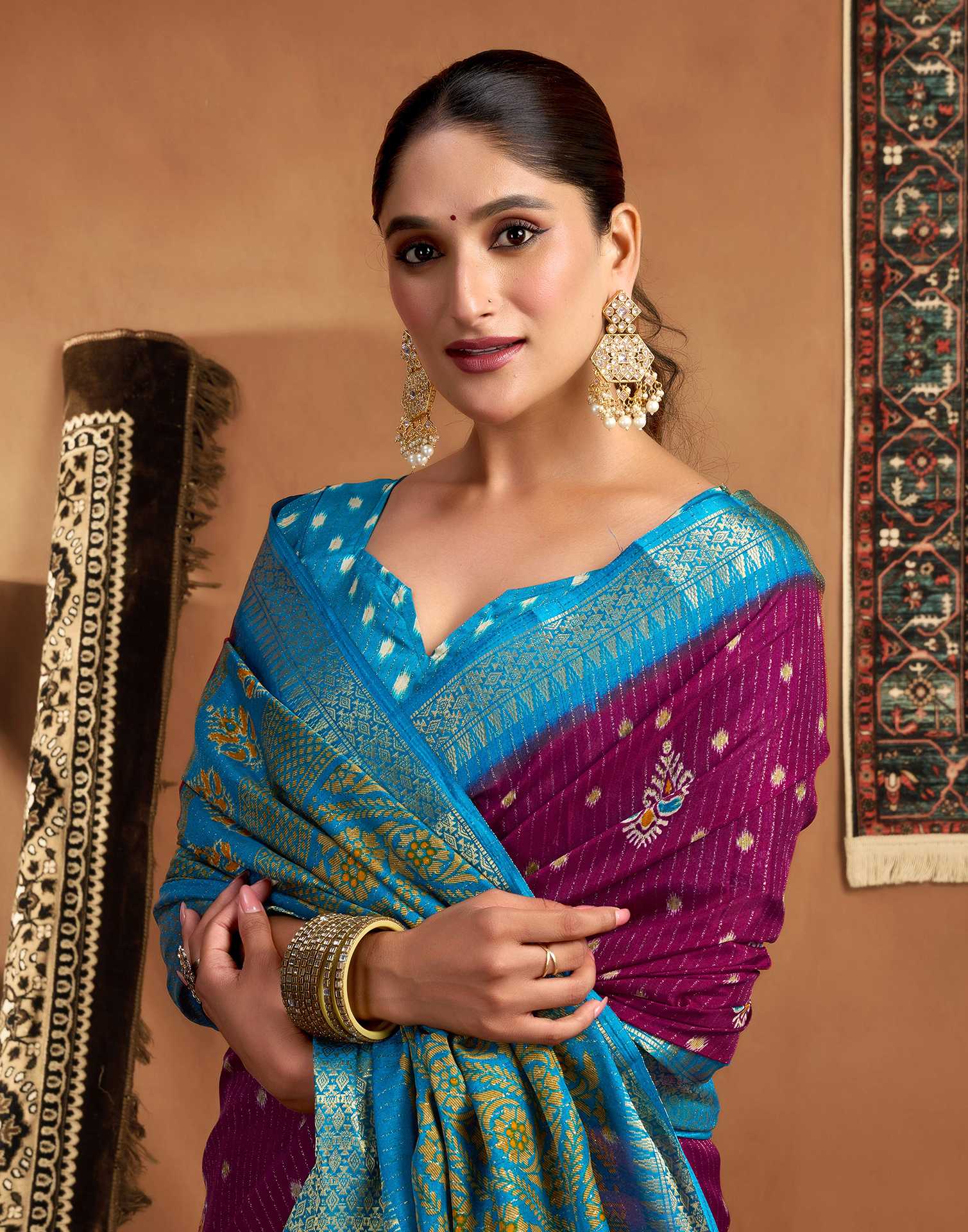 Dark Magenta Silk Printed Zari Stripe Saree