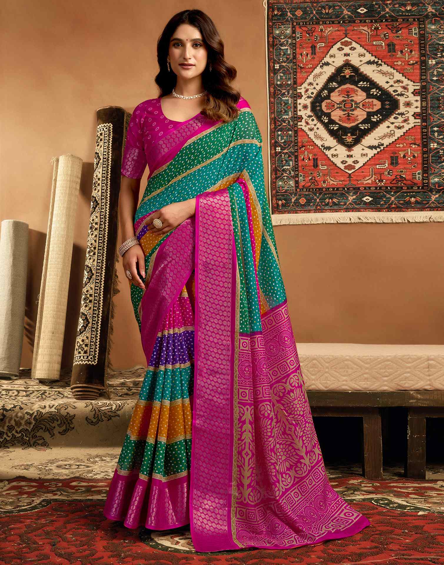 Rani Pink Silk Printed Bandhani Saree