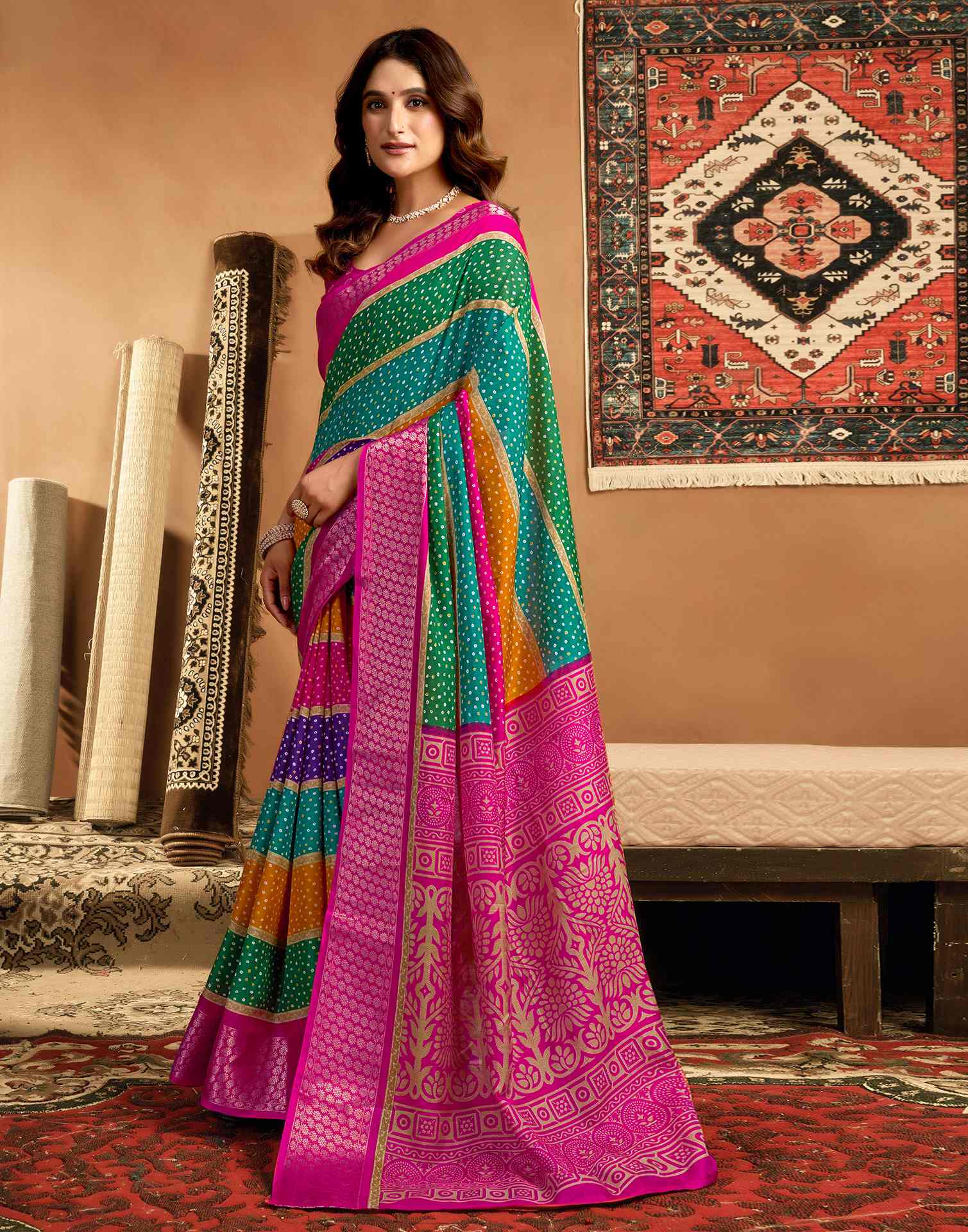 Rani Pink Silk Printed Bandhani Saree