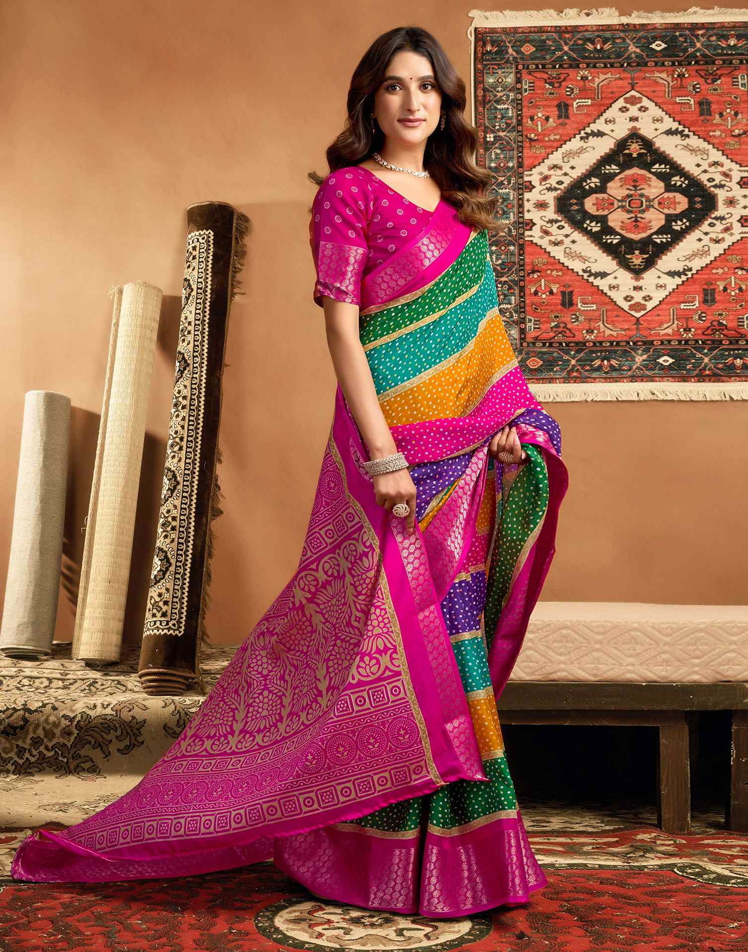 Rani Pink Silk Printed Bandhani Saree