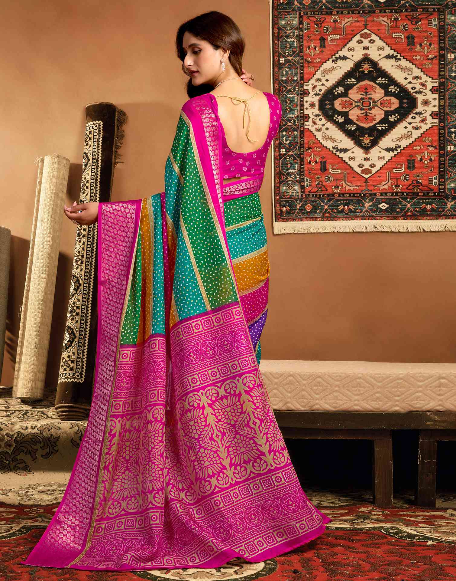 Rani Pink Silk Printed Bandhani Saree