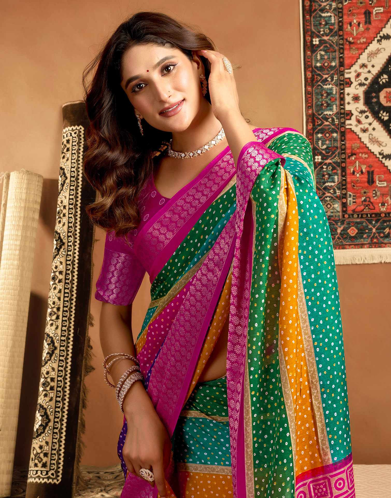 Rani Pink Silk Printed Bandhani Saree