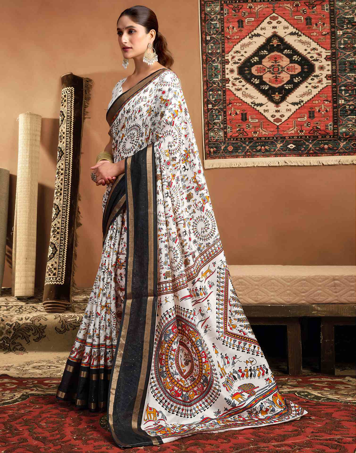 White Silk Warli Printed Saree