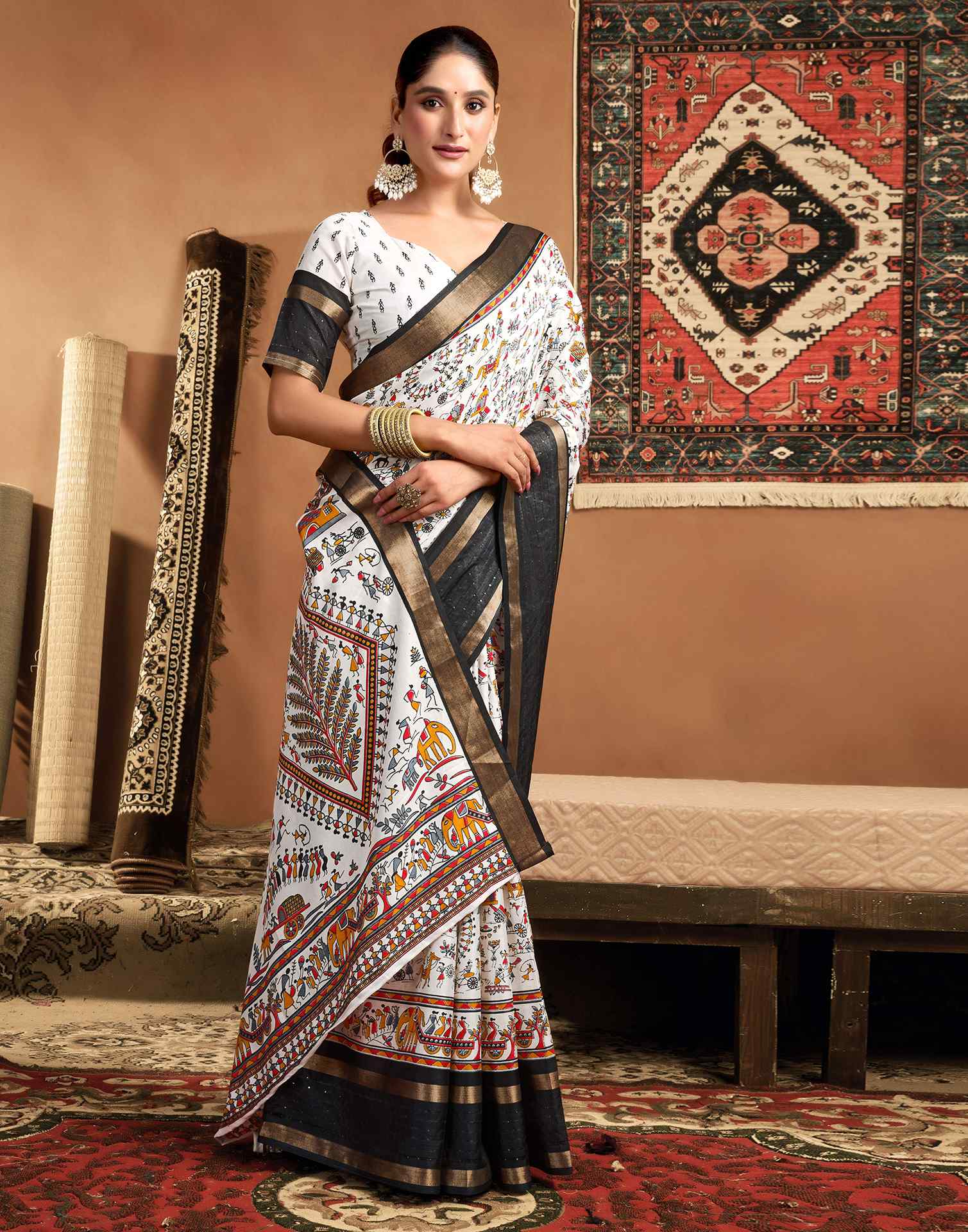 White Silk Warli Printed Saree