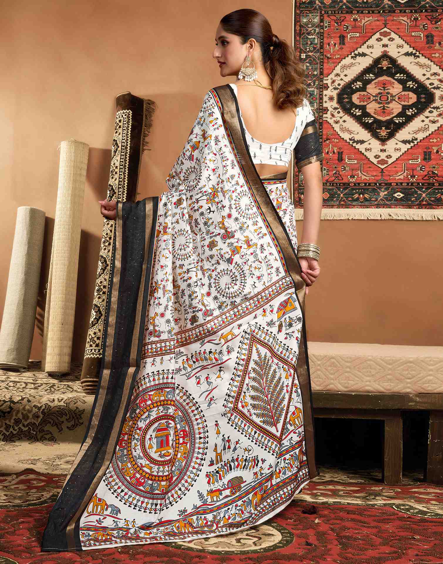 White Silk Warli Printed Saree
