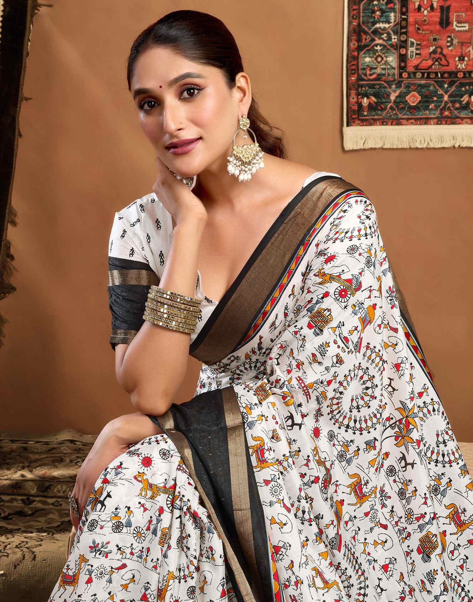 White Silk Warli Printed Saree