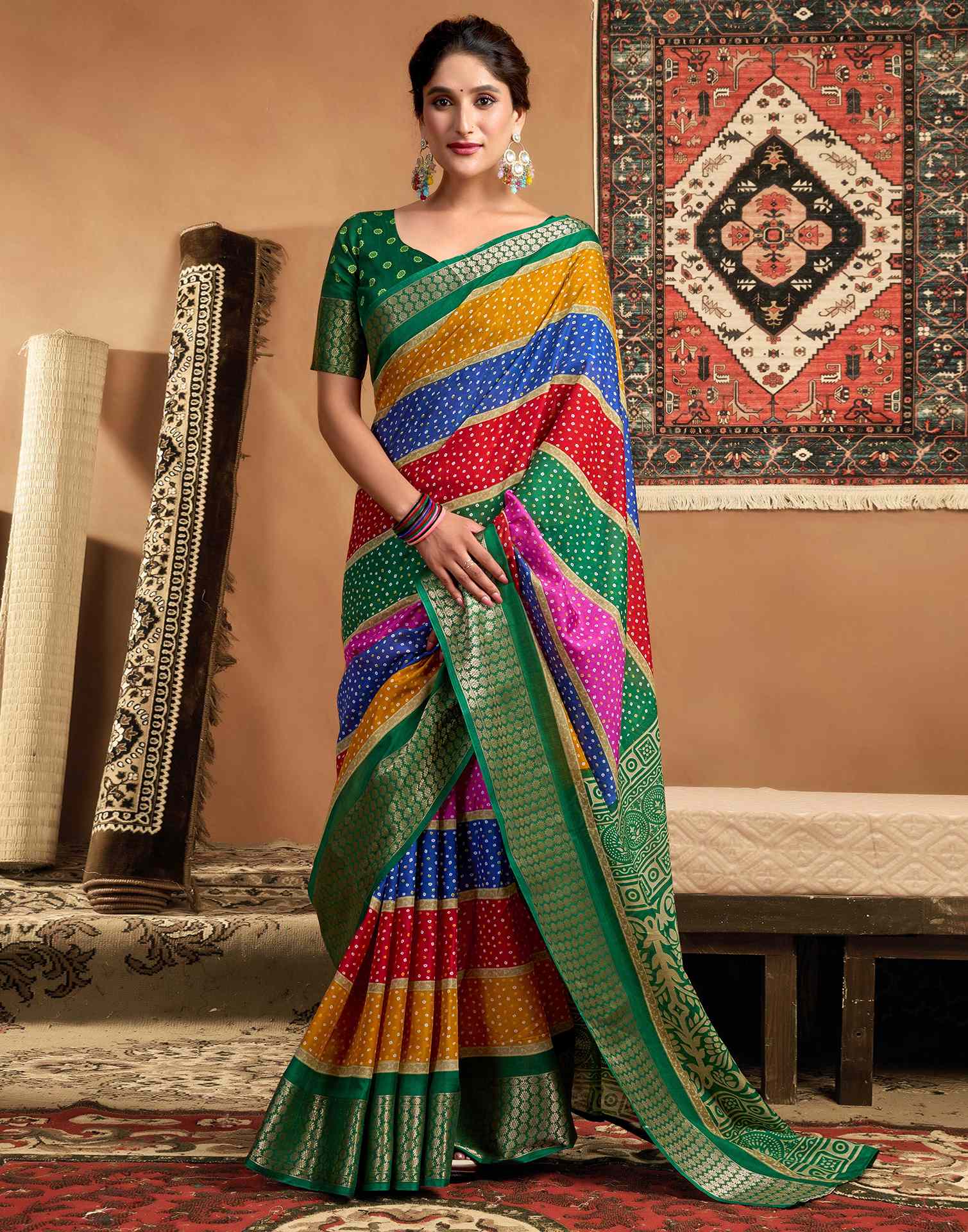 Multicoloured Silk Bandhani Printed Saree