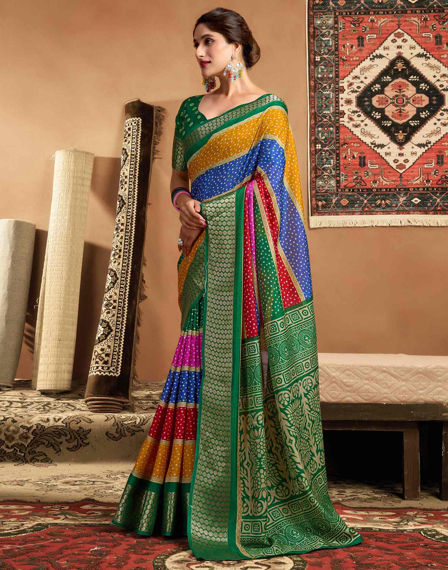 Multicoloured Silk Bandhani Printed Saree