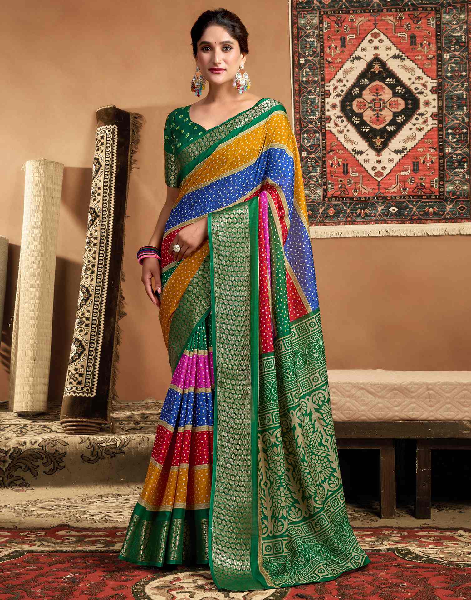 Multicoloured Silk Bandhani Printed Saree