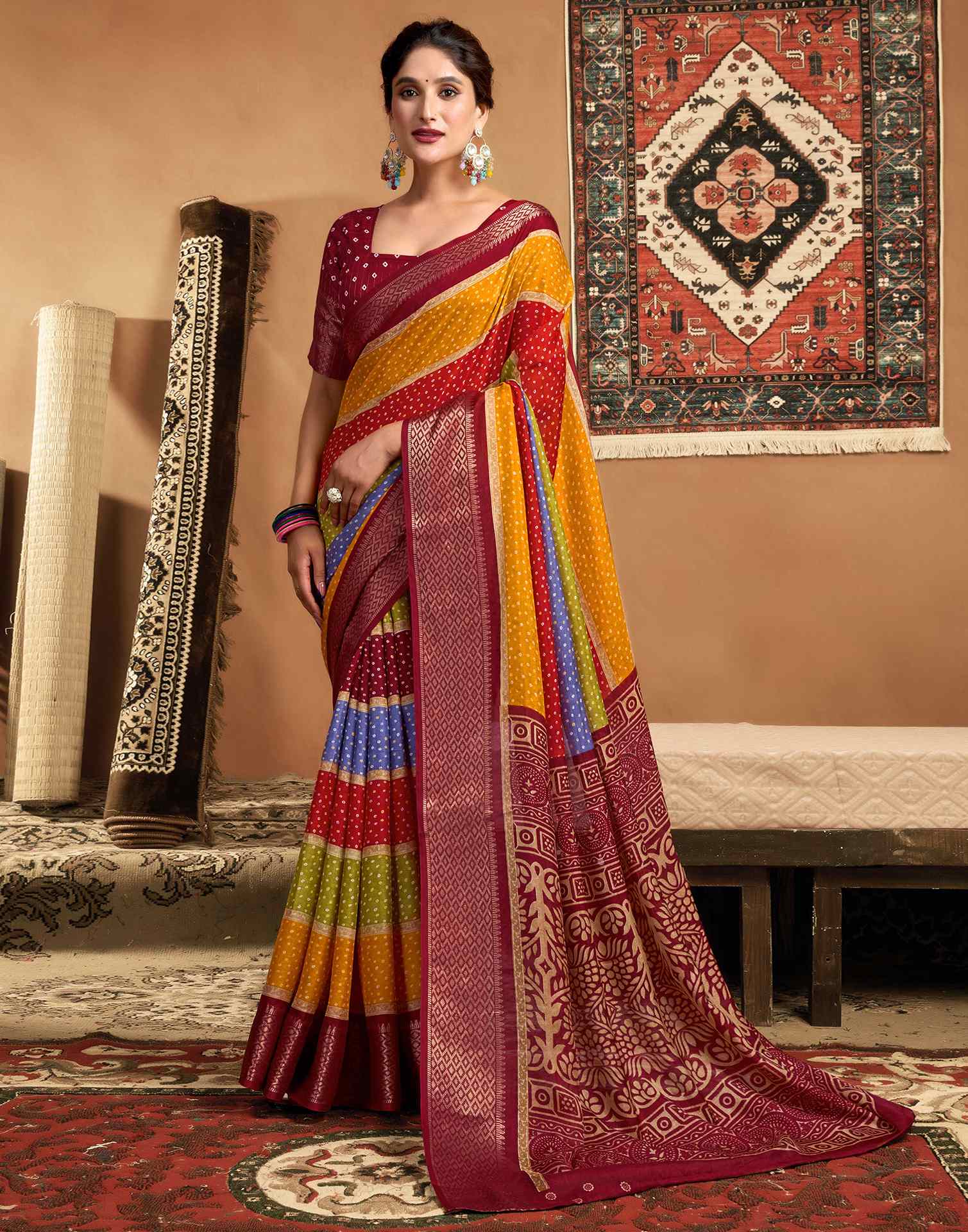 Multicoloured Silk Bandhani Printed Saree