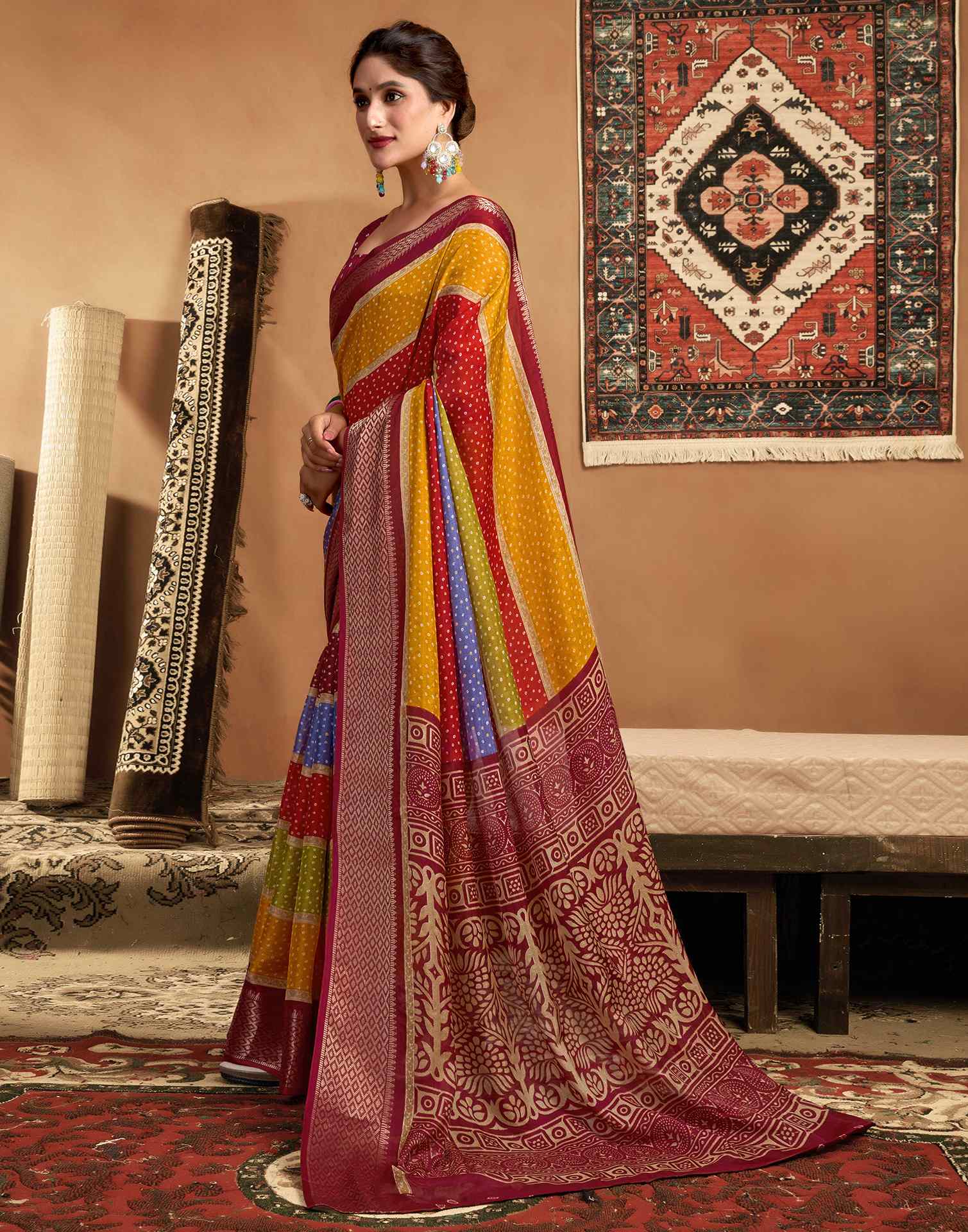 Multicoloured Silk Bandhani Printed Saree