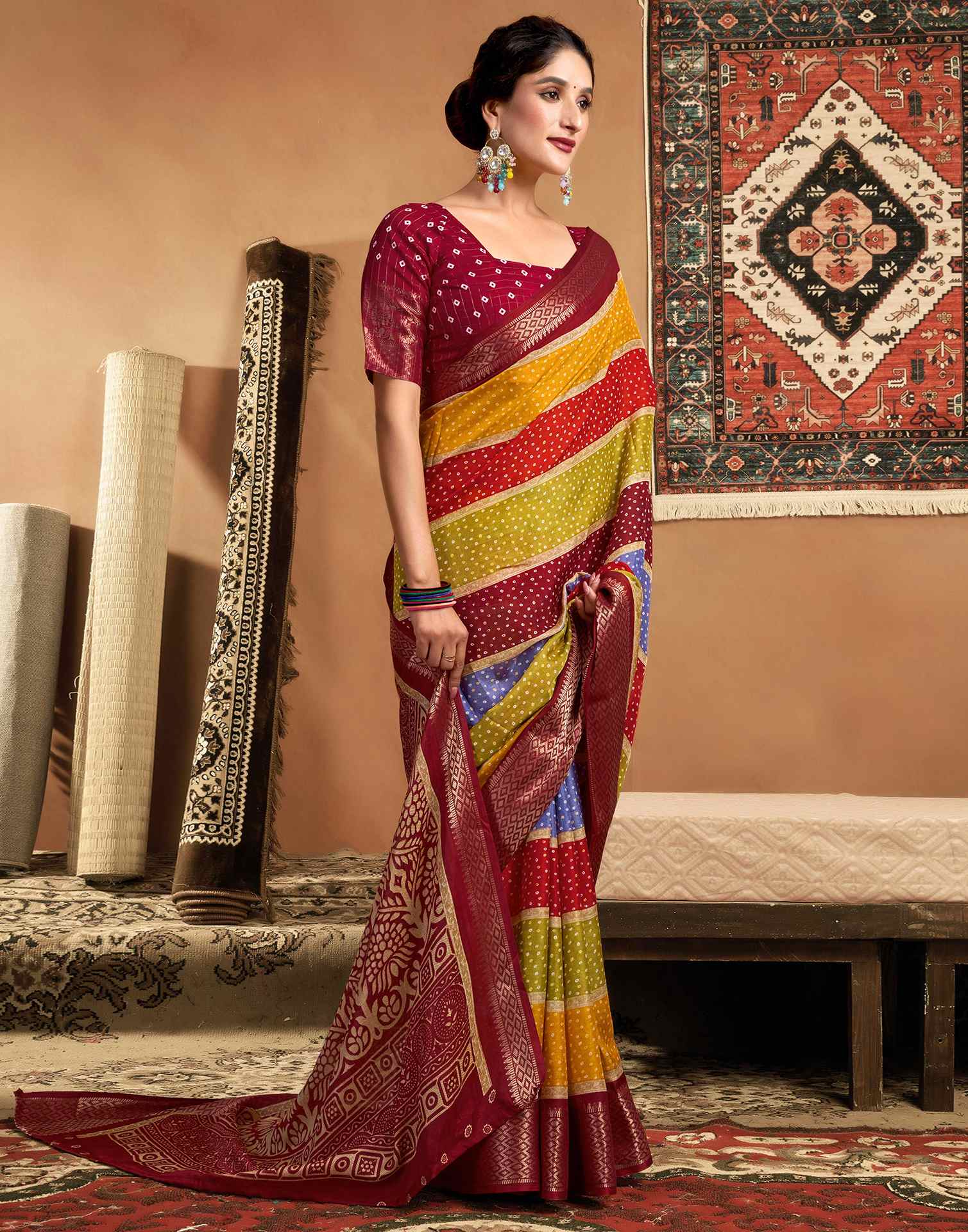 Multicoloured Silk Bandhani Printed Saree