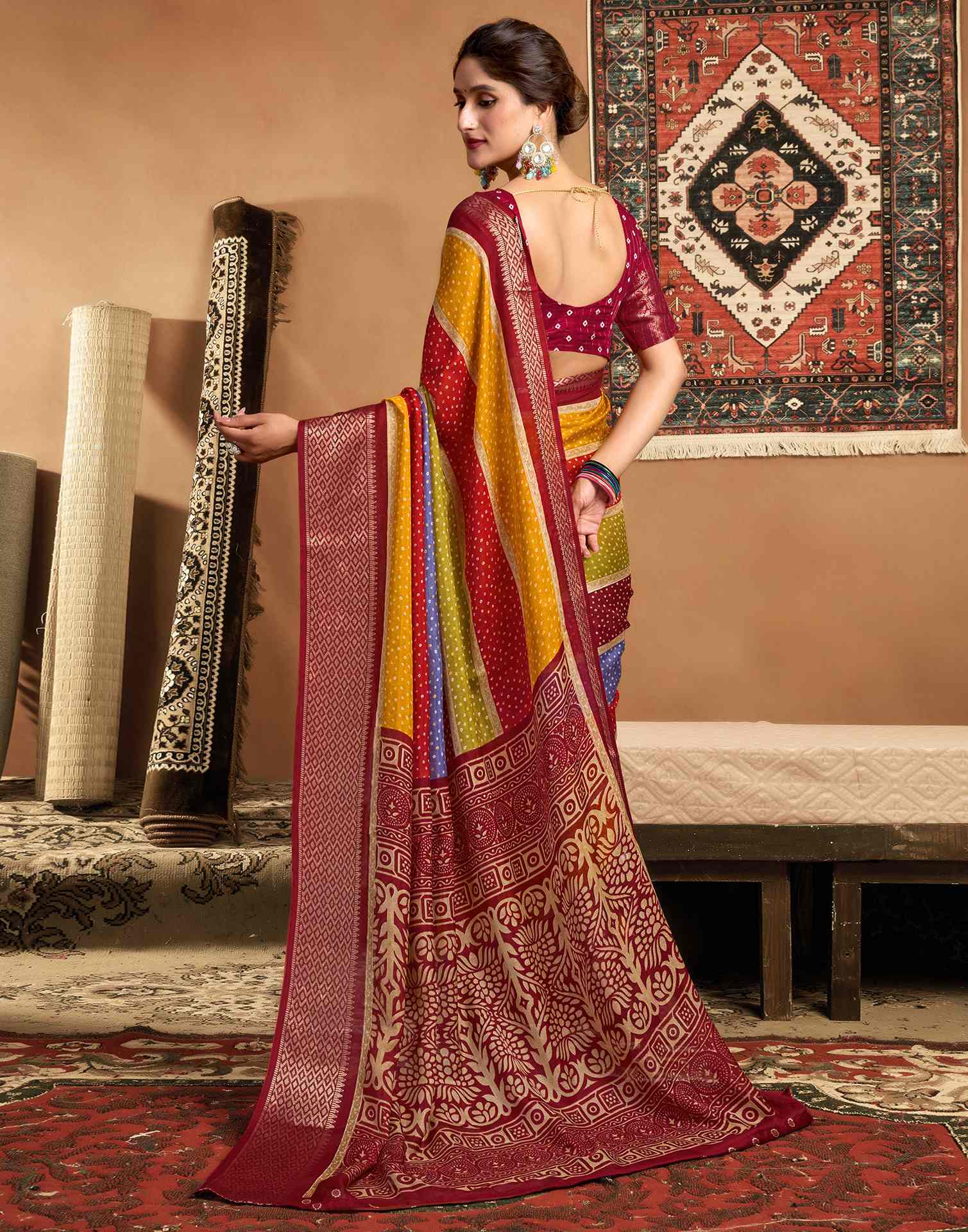 Multicoloured Silk Bandhani Printed Saree