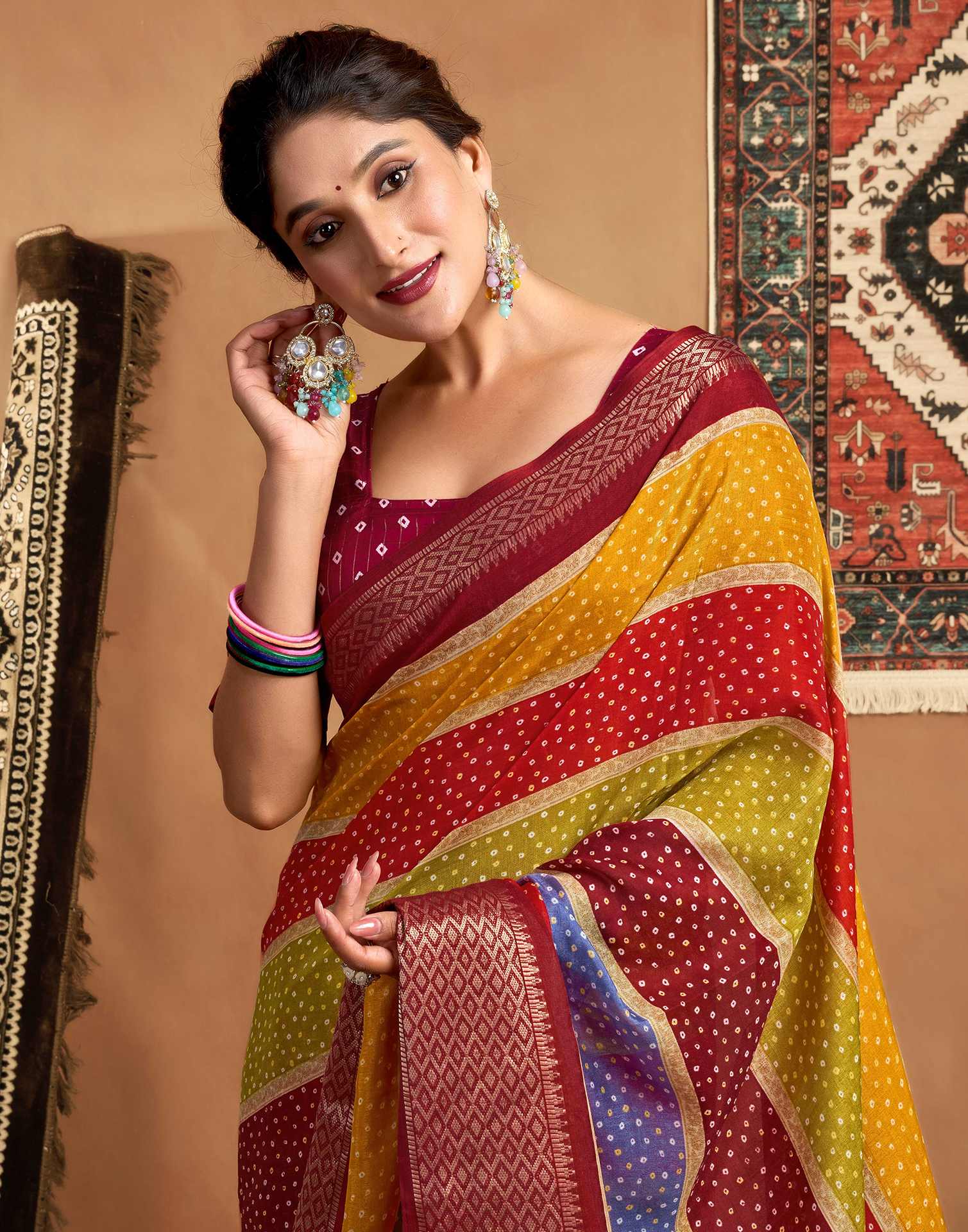 Multicoloured Silk Bandhani Printed Saree