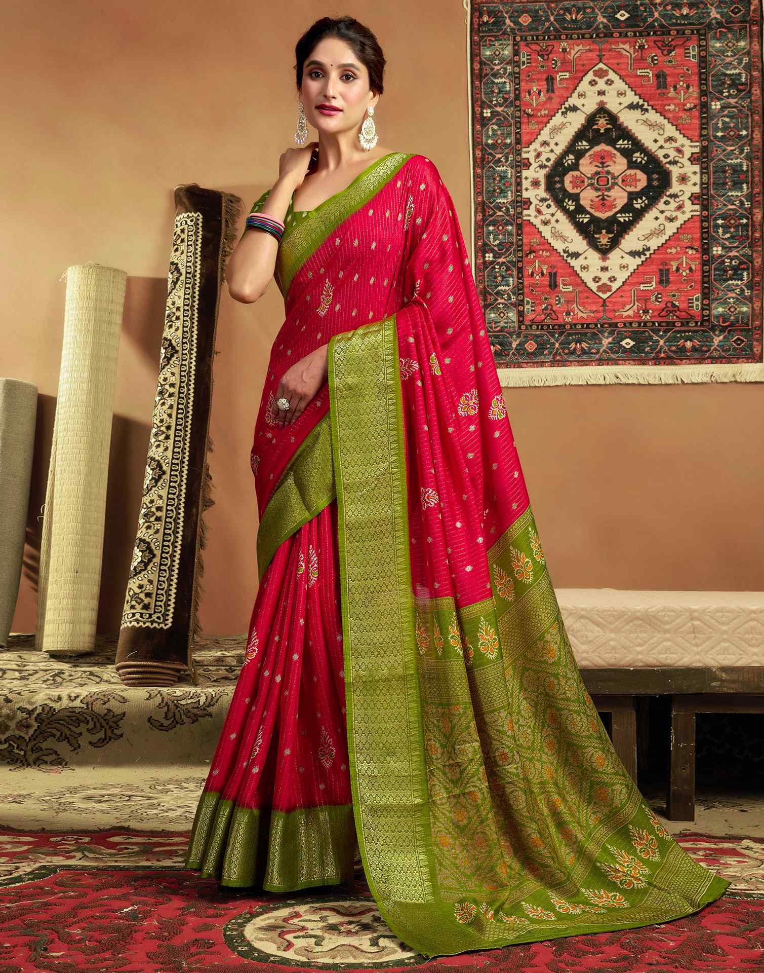 Red Silk Printed Zari Stripe Saree