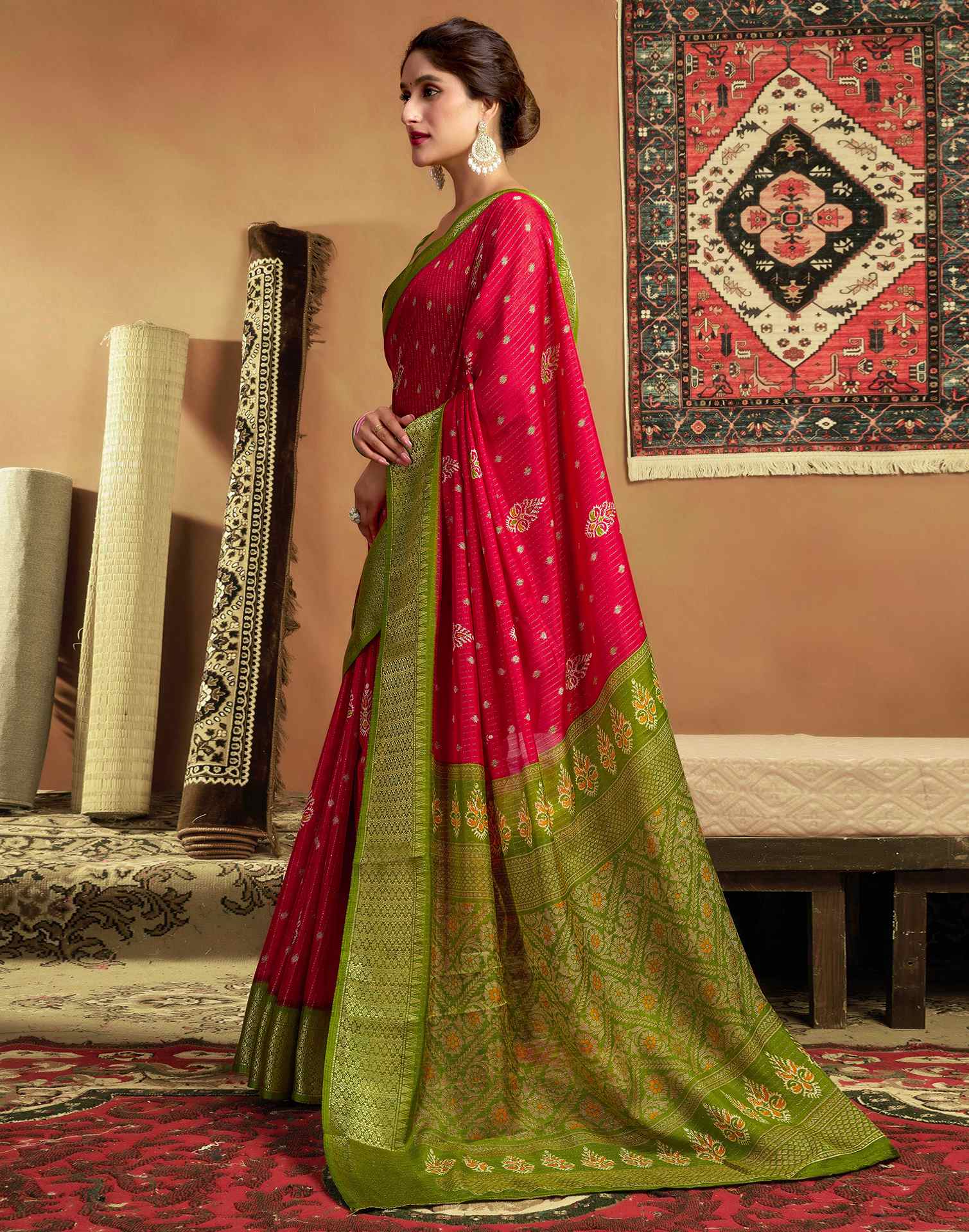 Red Silk Printed Zari Stripe Saree