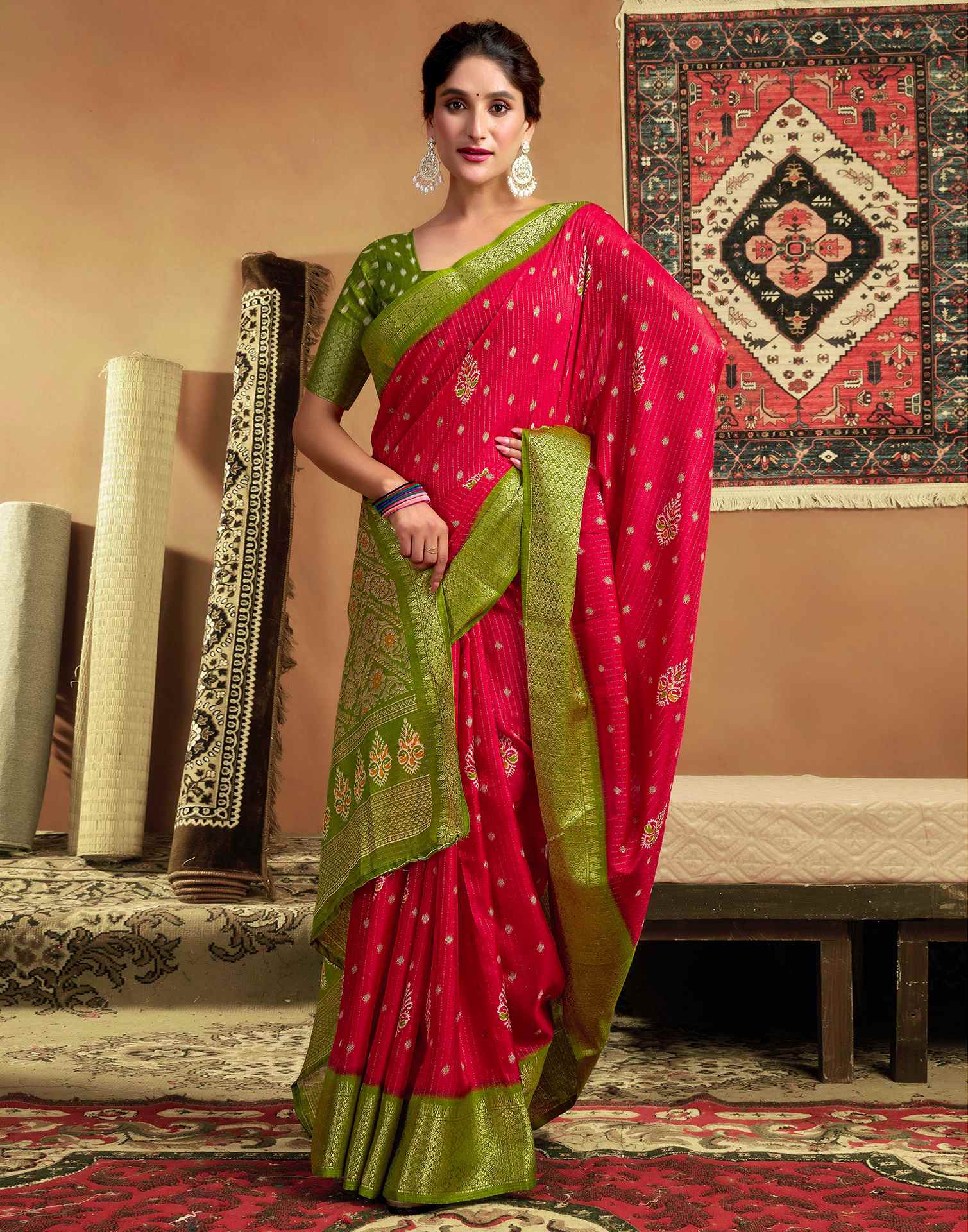 Red Silk Printed Zari Stripe Saree