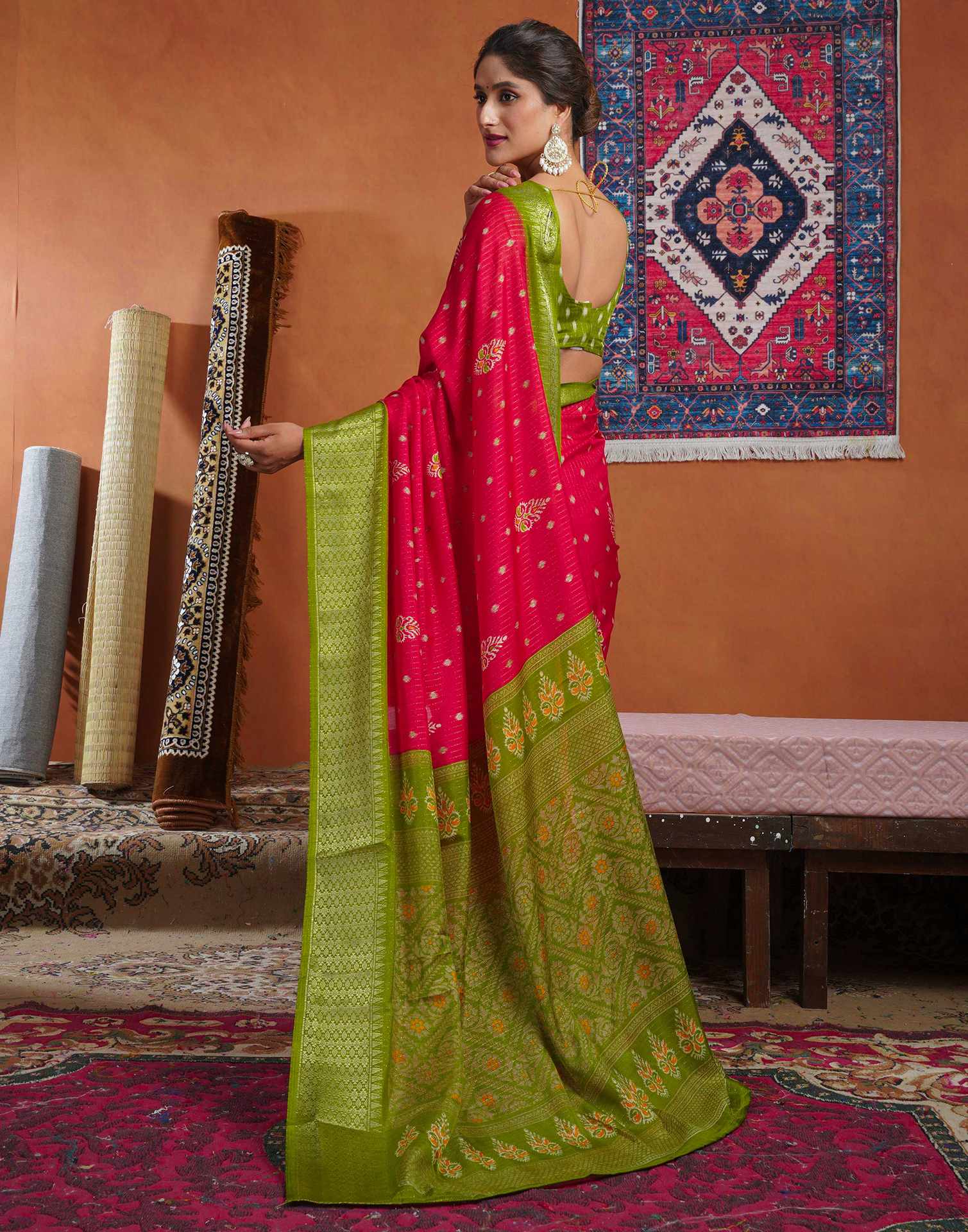 Red Silk Printed Zari Stripe Saree