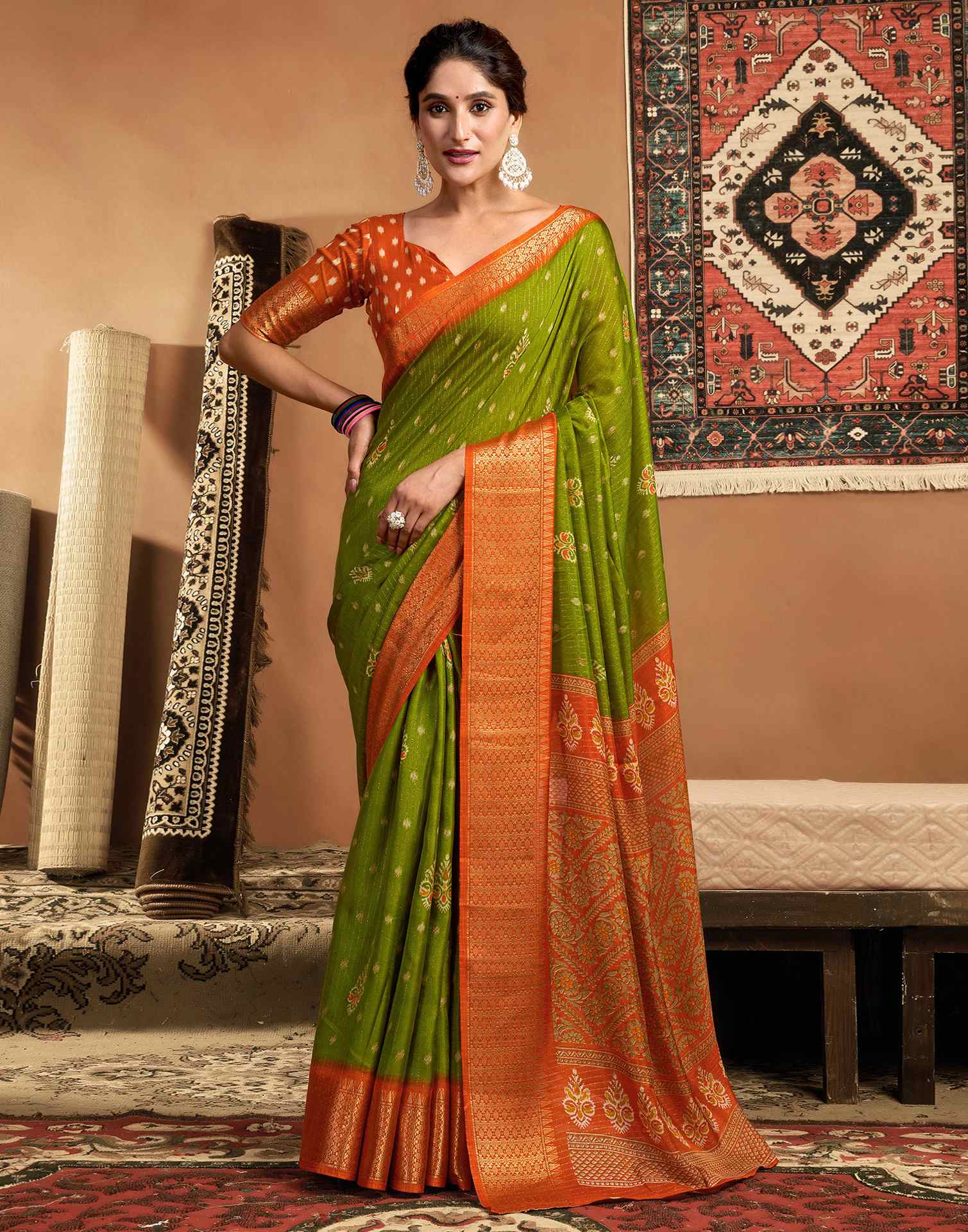 Mehandi Green Silk Printed Zari Stripe Saree