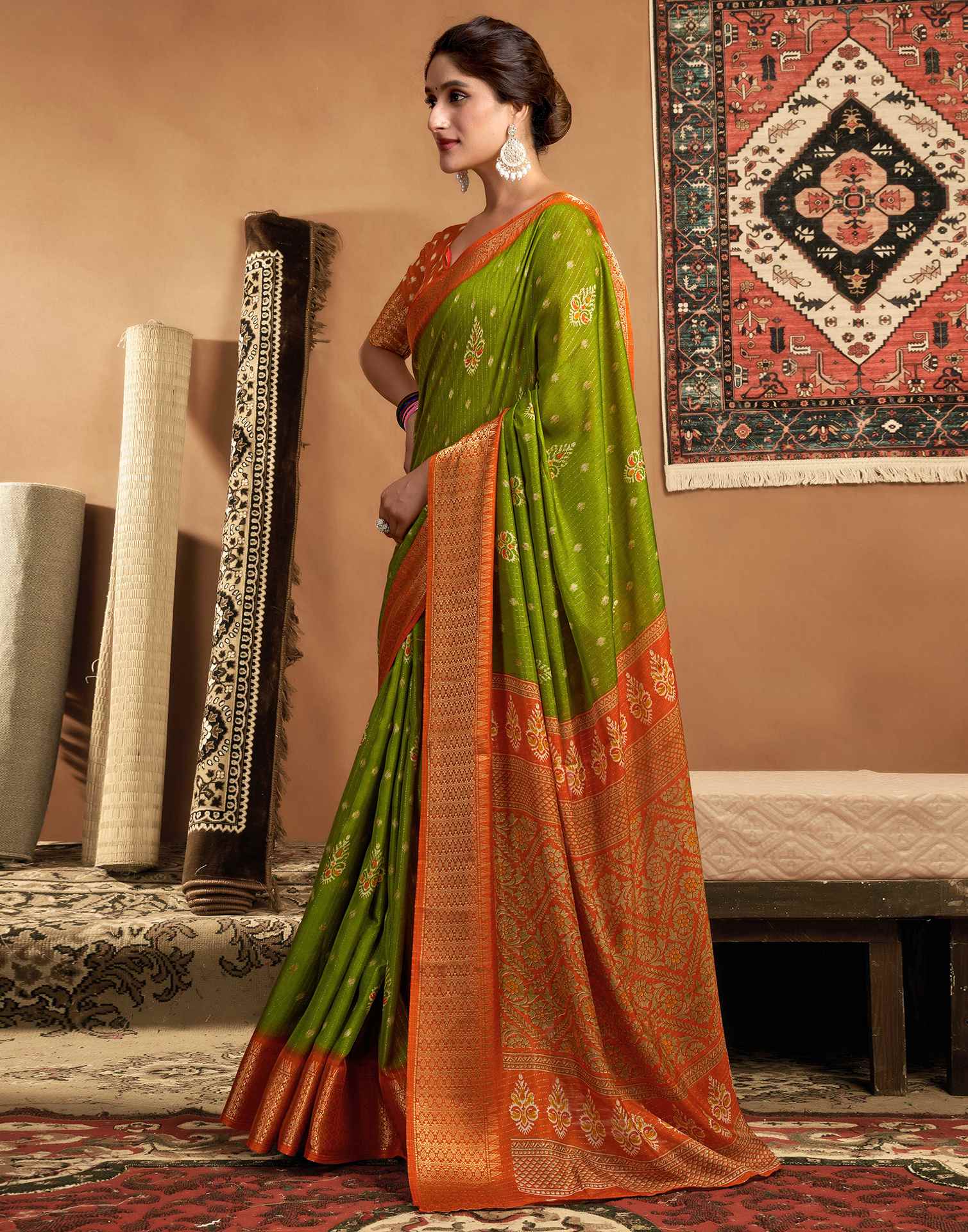 Mehandi Green Silk Printed Zari Stripe Saree