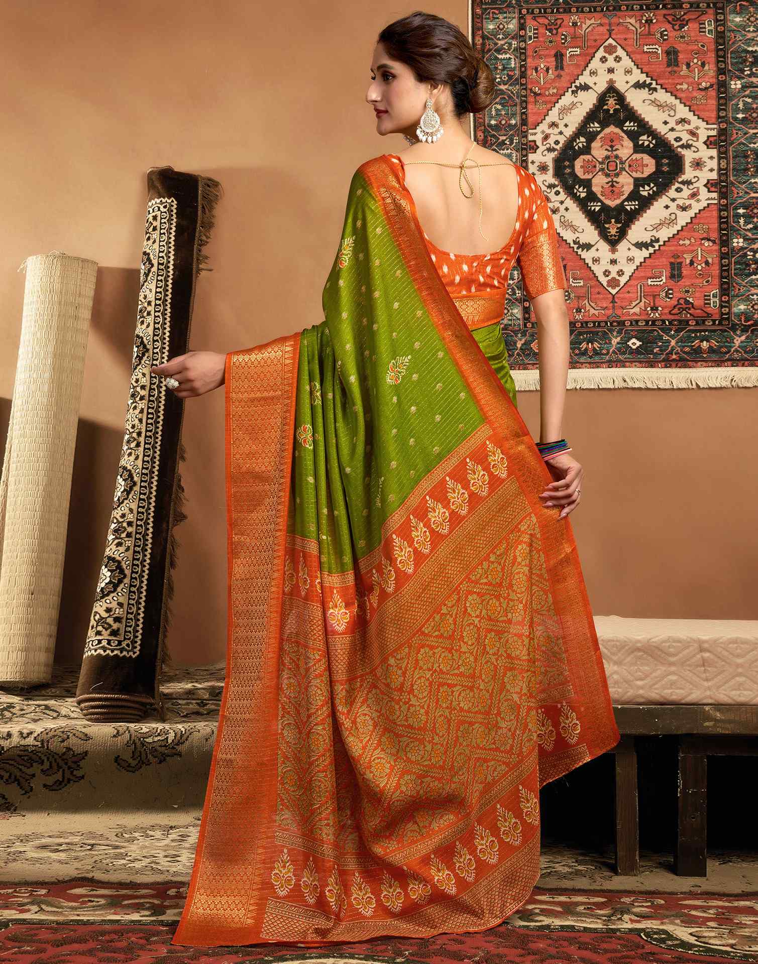 Mehandi Green Silk Printed Zari Stripe Saree