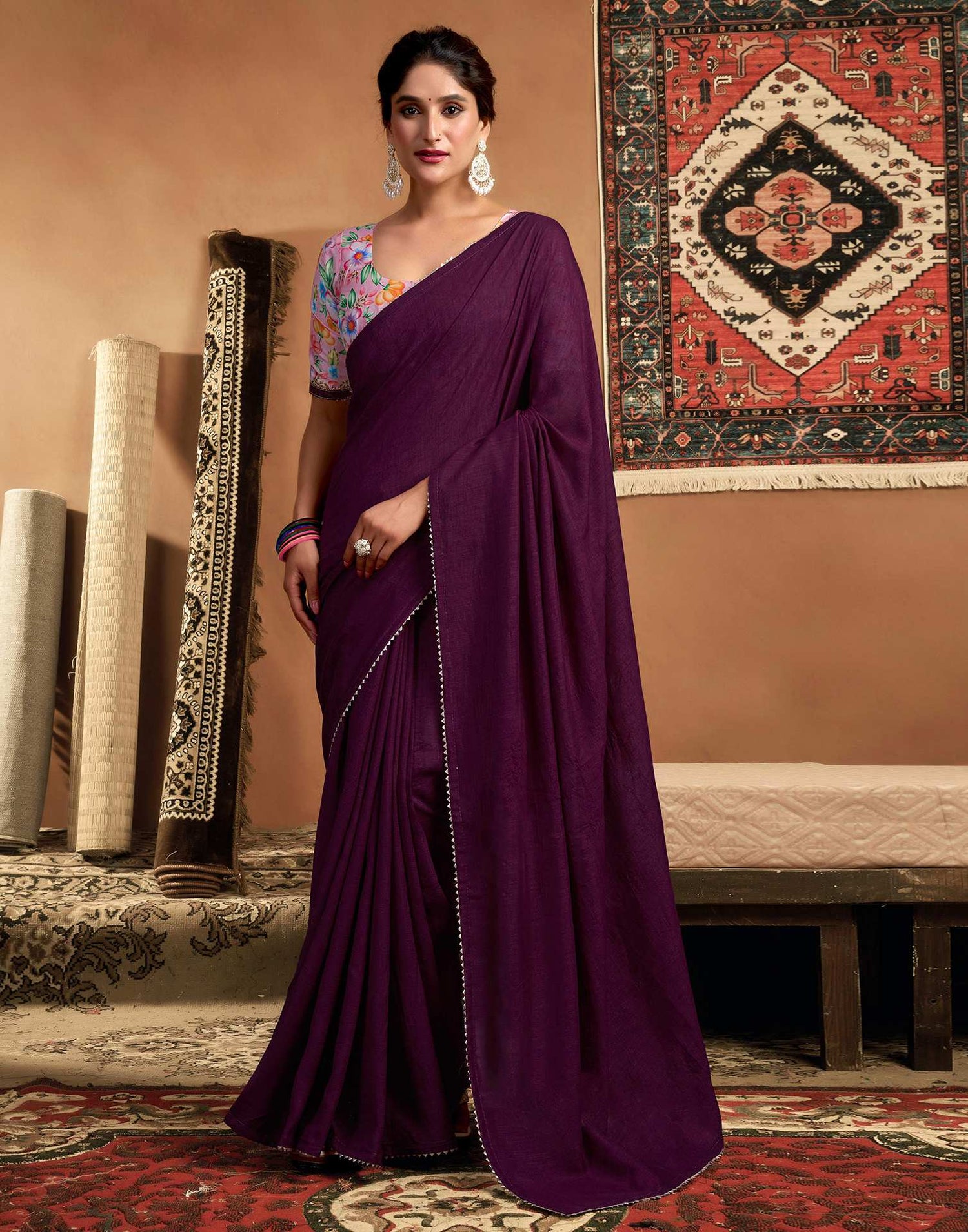 Purple Vichitra Silk Lace Plain Saree
