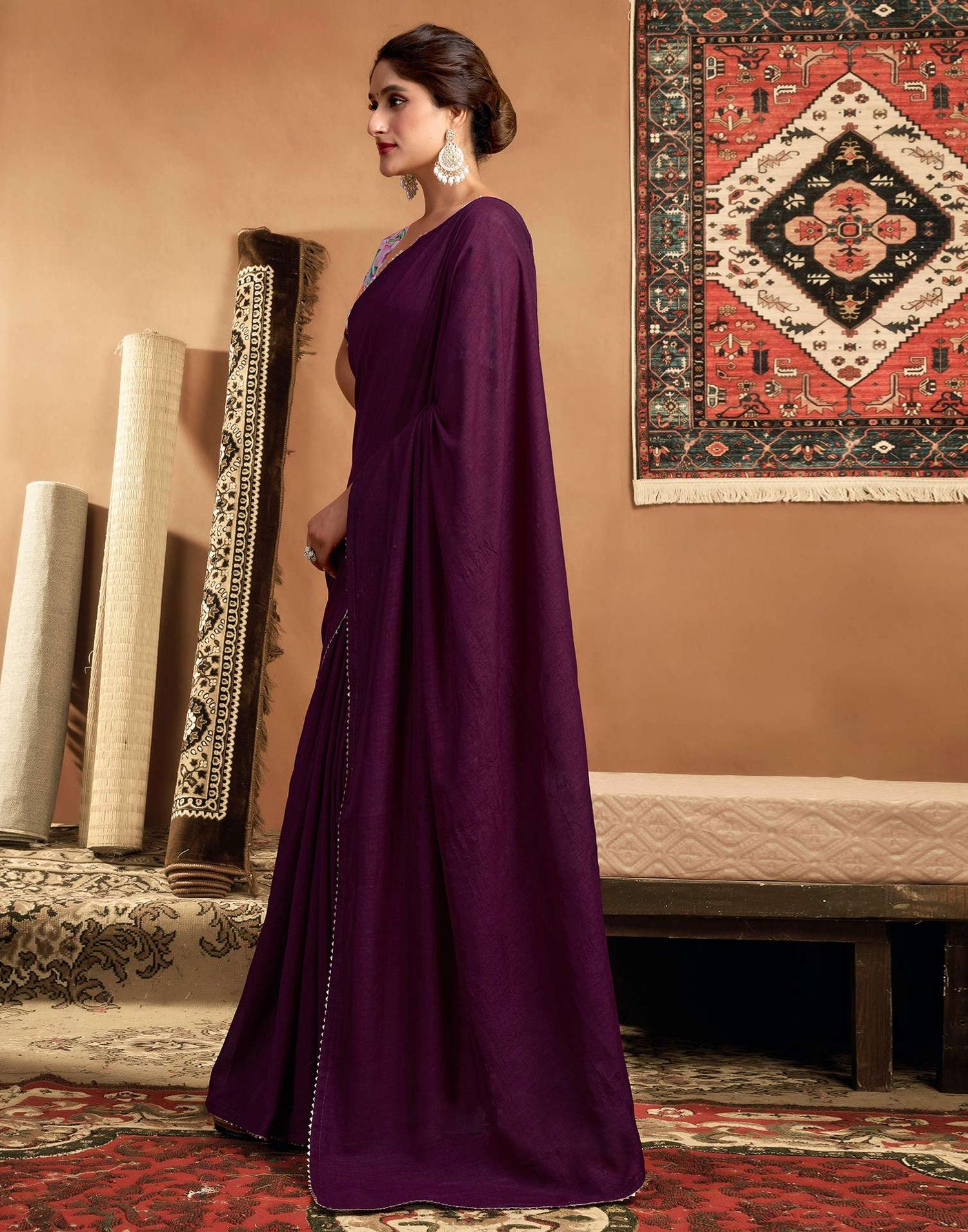 Purple Vichitra Silk Lace Plain Saree